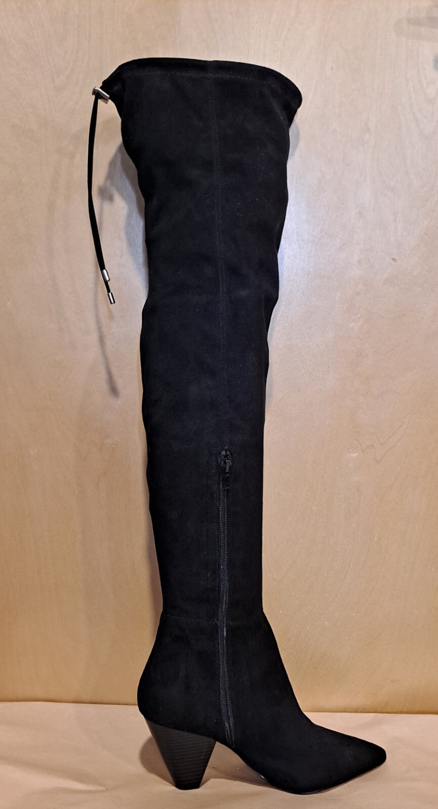 NWOT ASOS Black Faux Suede Above Knee Cone Heel Skinny Zip Up Boots Size 8.5