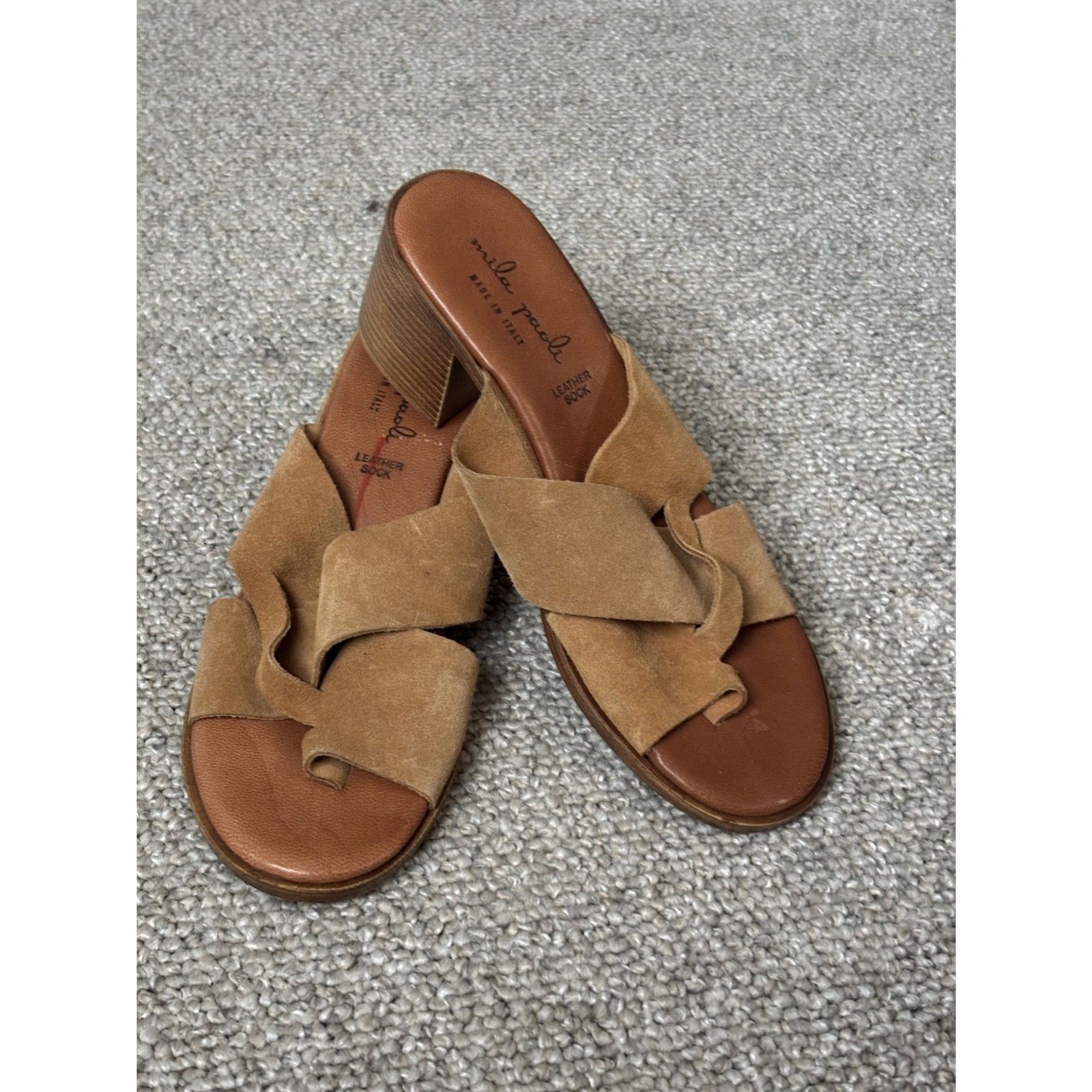 Mila Paoli Tan Suede Toe Loop Sandals Size 7.5