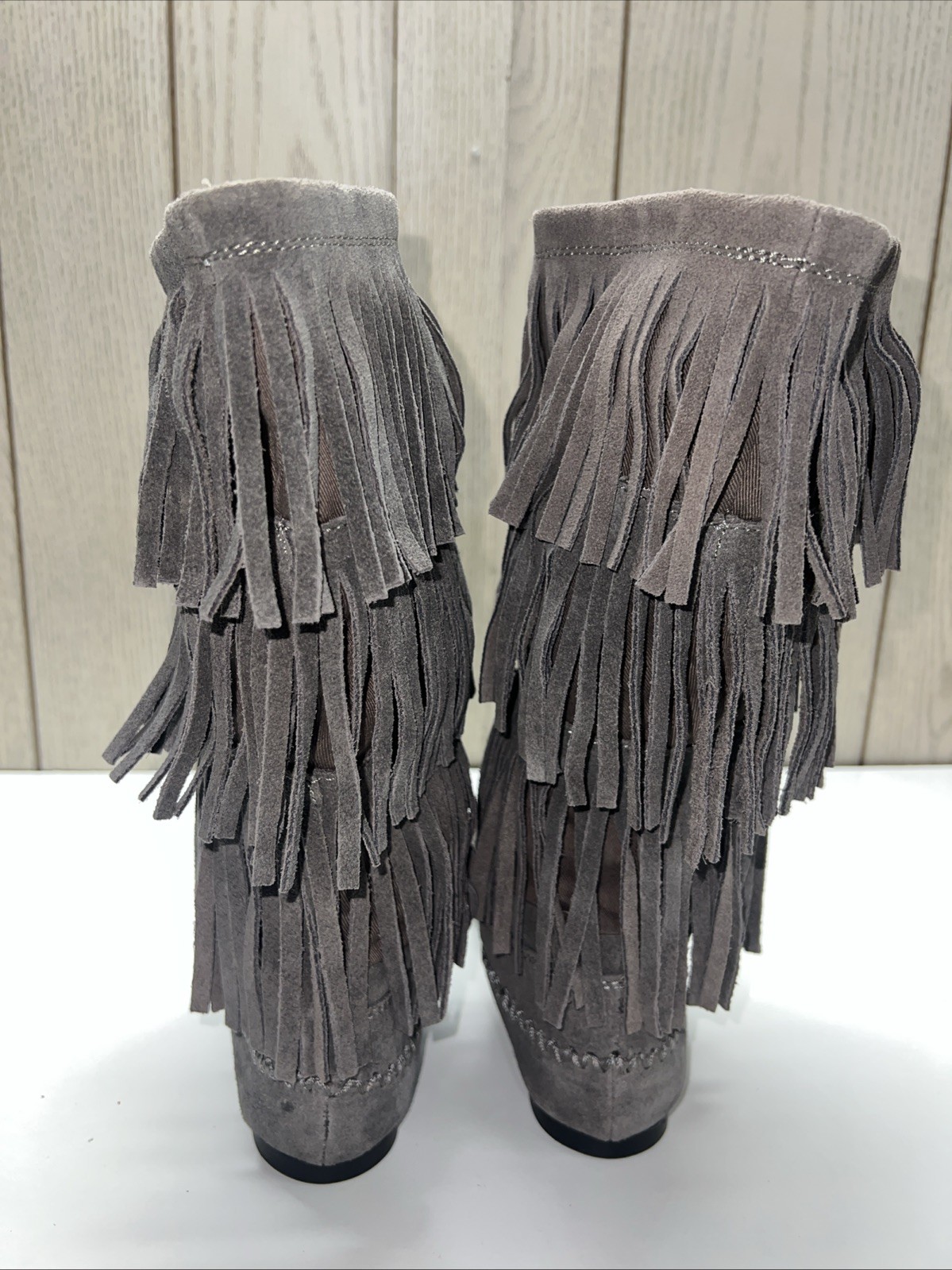 LC Lauren Conrad Thia 3-Tier Fringe Slip On Flat Festival BoHo Moccasin Boot 6 M