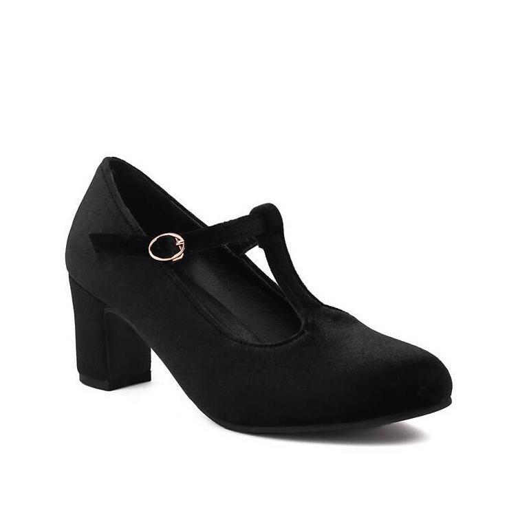 Women’s Mary Jane Work Shoes Mid Block Heel Velvet T Strap Dress Shoes Plus Size