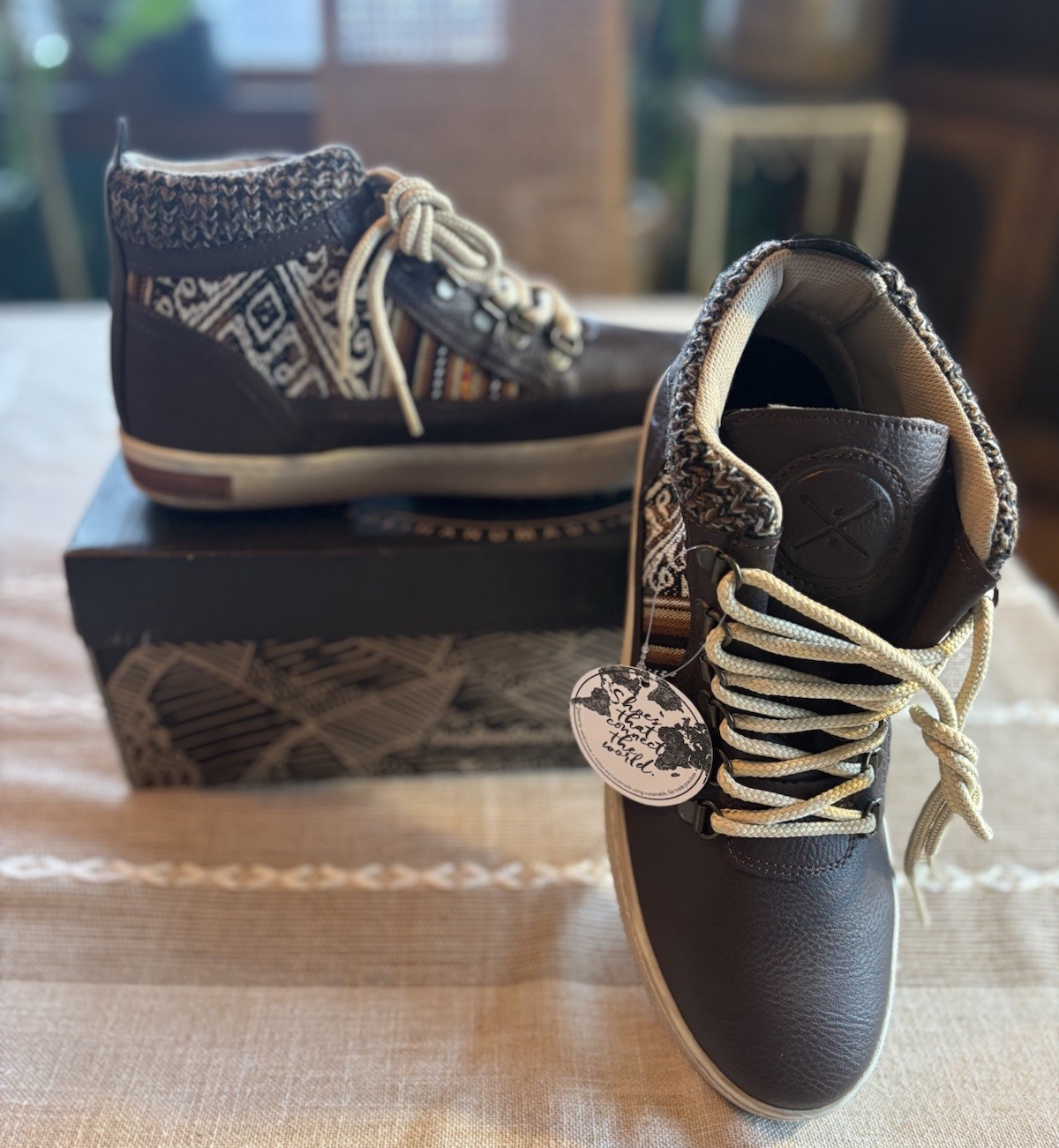 Inkkas Brown Vegan Leather Camping Boot Peruvian Print Knitted Wmn 10 EU 41 NWB