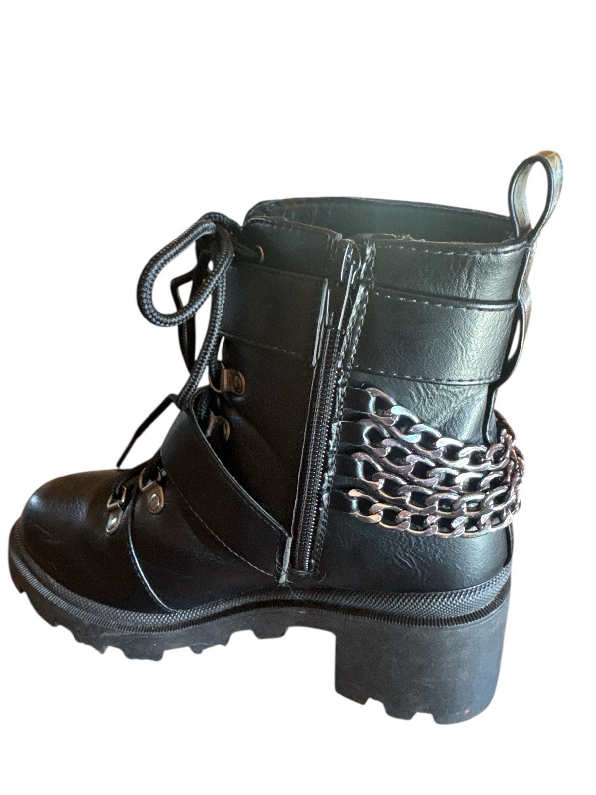 Sugar Black Gothic Combat Moto Boots Woman’s Size 6 Chains Buckles Size Zippers