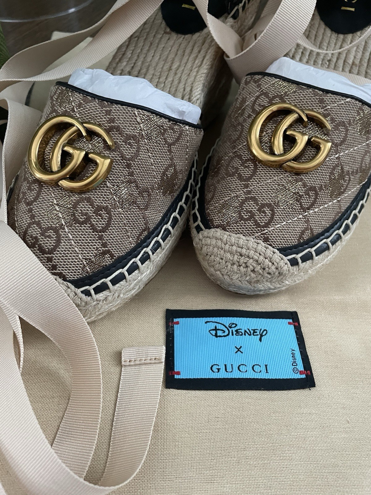 Gucci Disney Women’s Suede GG Logo Espadrille Wedge Sandals Tie, US 10