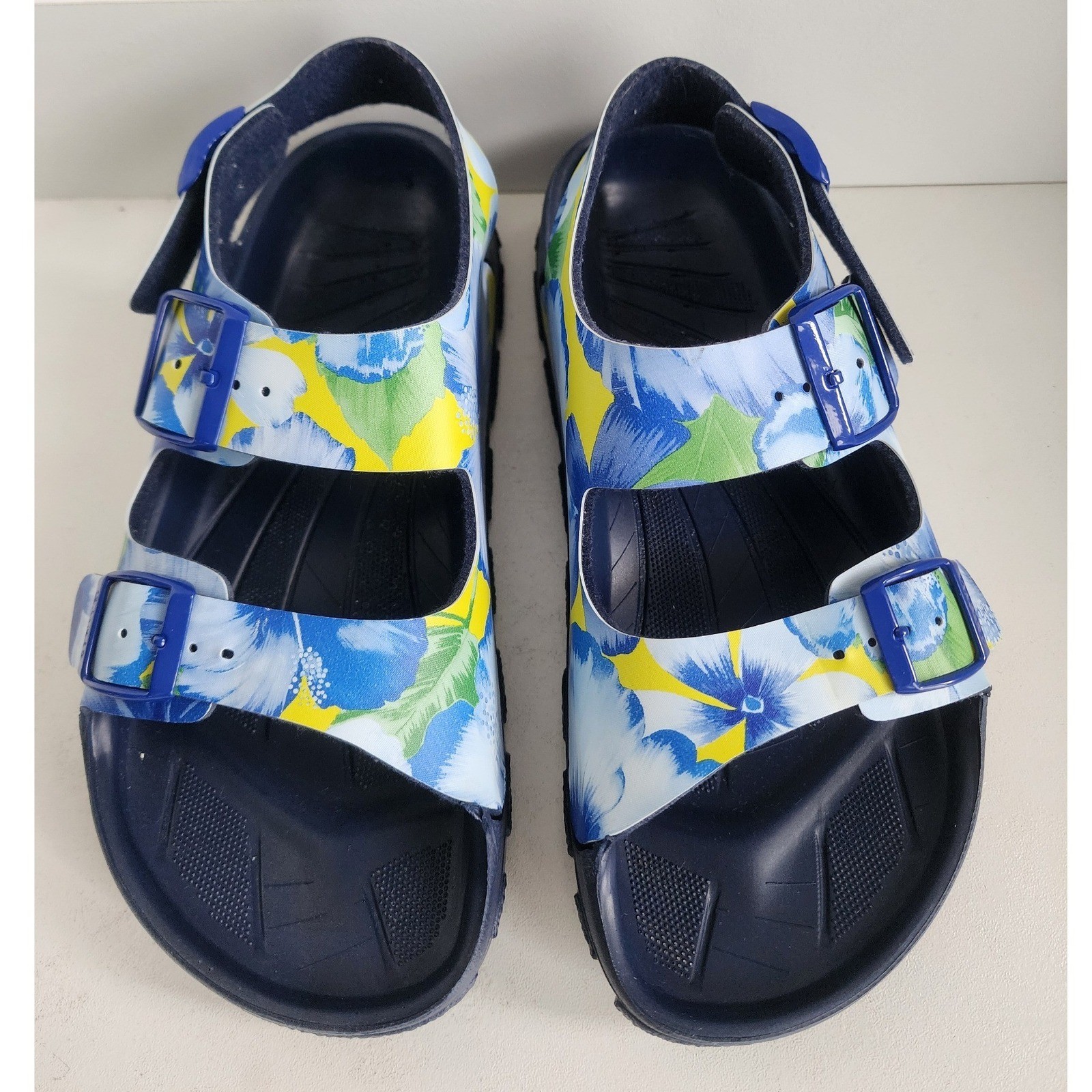 Birkenstock Birkis Sansibar Floral Sandals Blue Yellow Hibiscus Size 37 Women 6