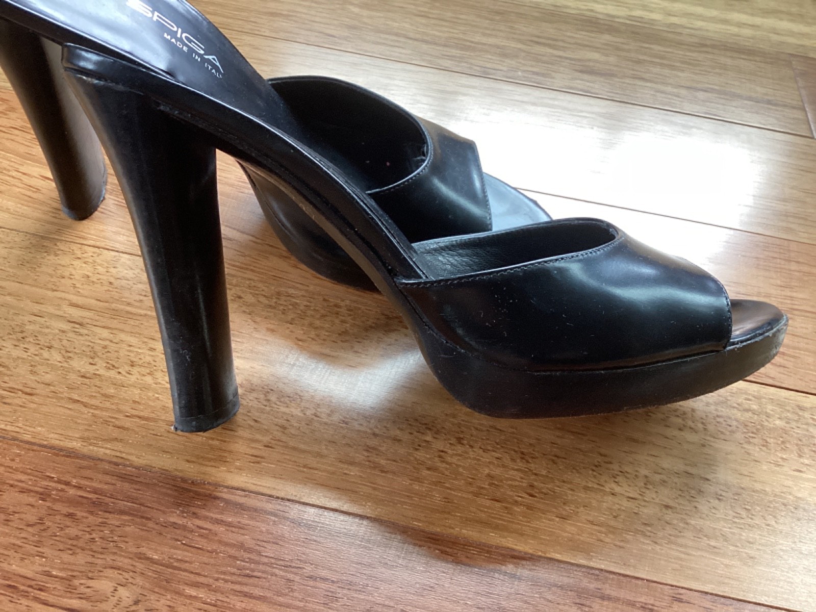 Via Spiga Vintage 4 Inch Heel Italian Black Leather Platform Mules Slides Sz 7