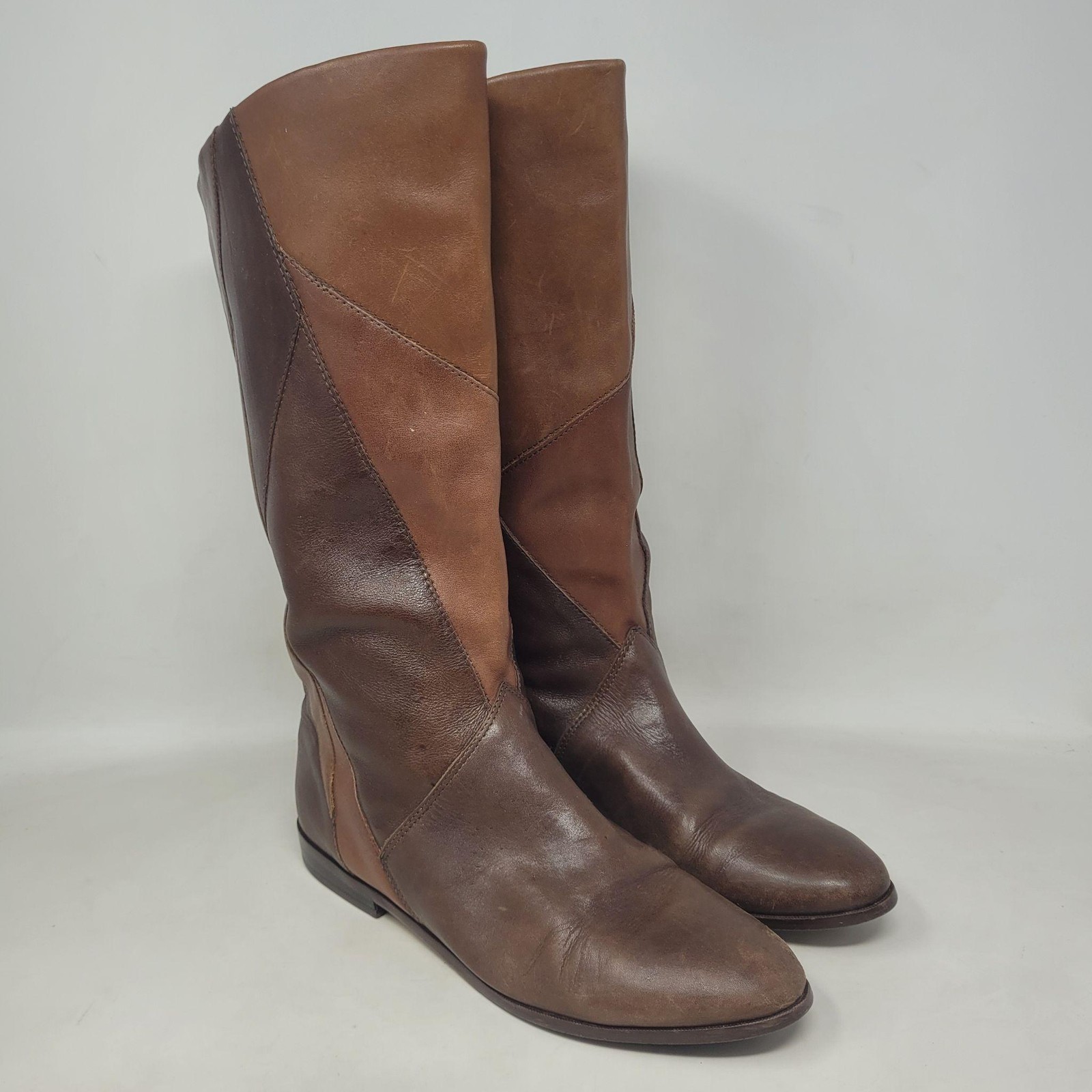 Vintage Brown Leather Boots 9 Patchwork Tall Minimalist 80s Slouchy Boho Retro