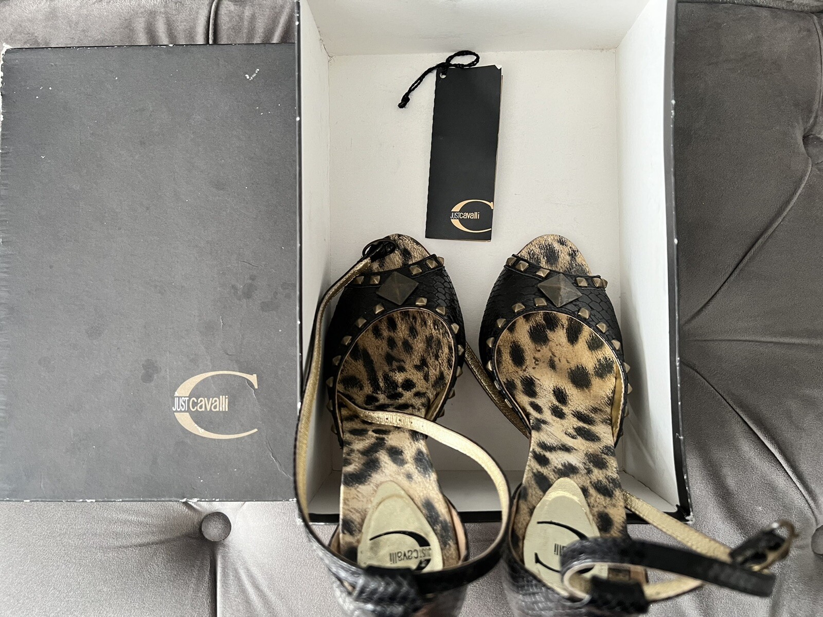 roberto cavalli just cavalli open toe strap black studded sandals size 39