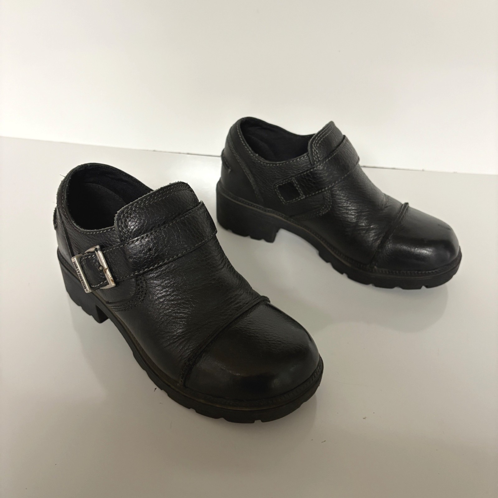 Harley Davidson Black Leather Slip-On Shoes Womens Size 6.5 Buckle Moto Biker