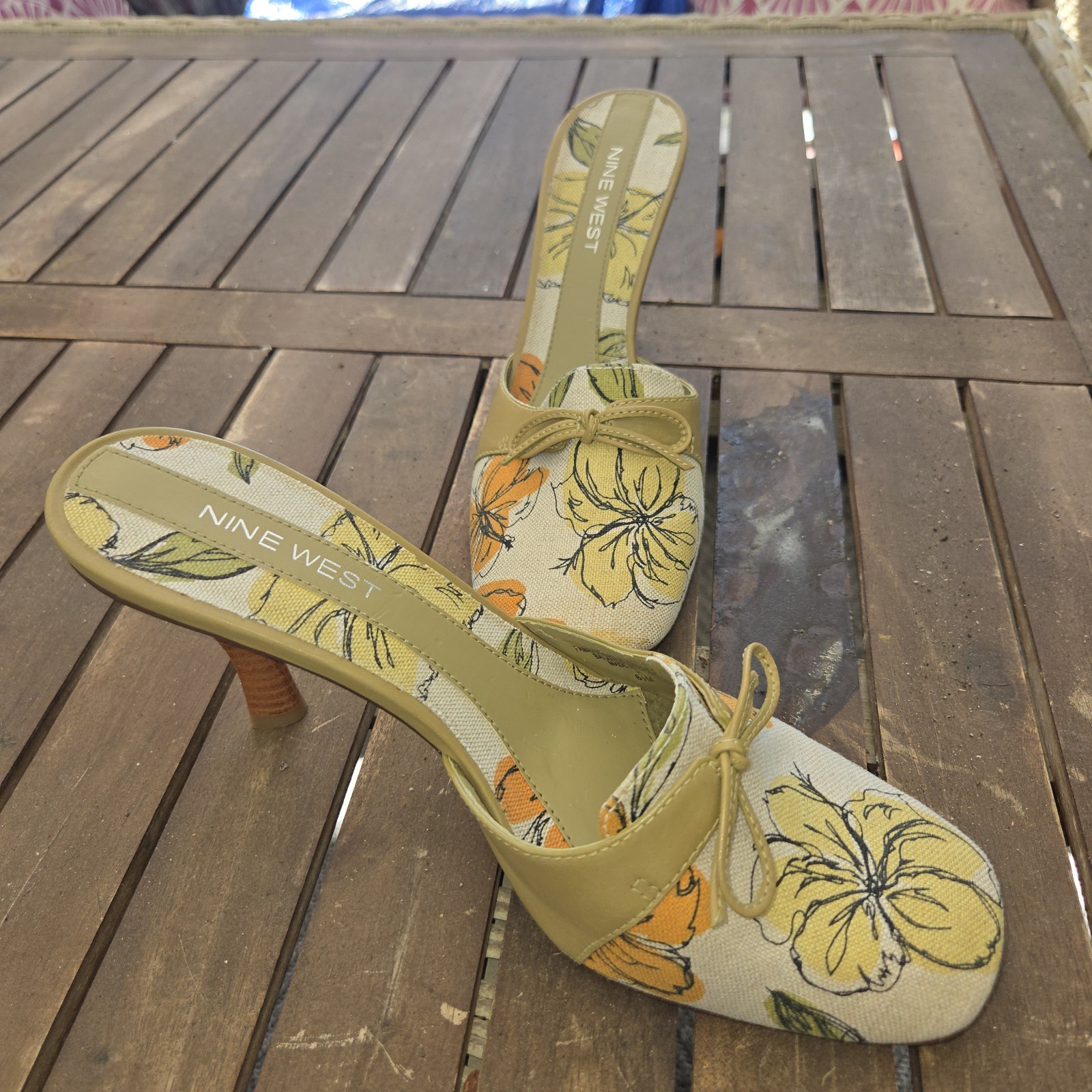 Nine West Tan Yellow Orange Mules Slip On 3″ Heel Size 6.5 Shoe Spring Fall