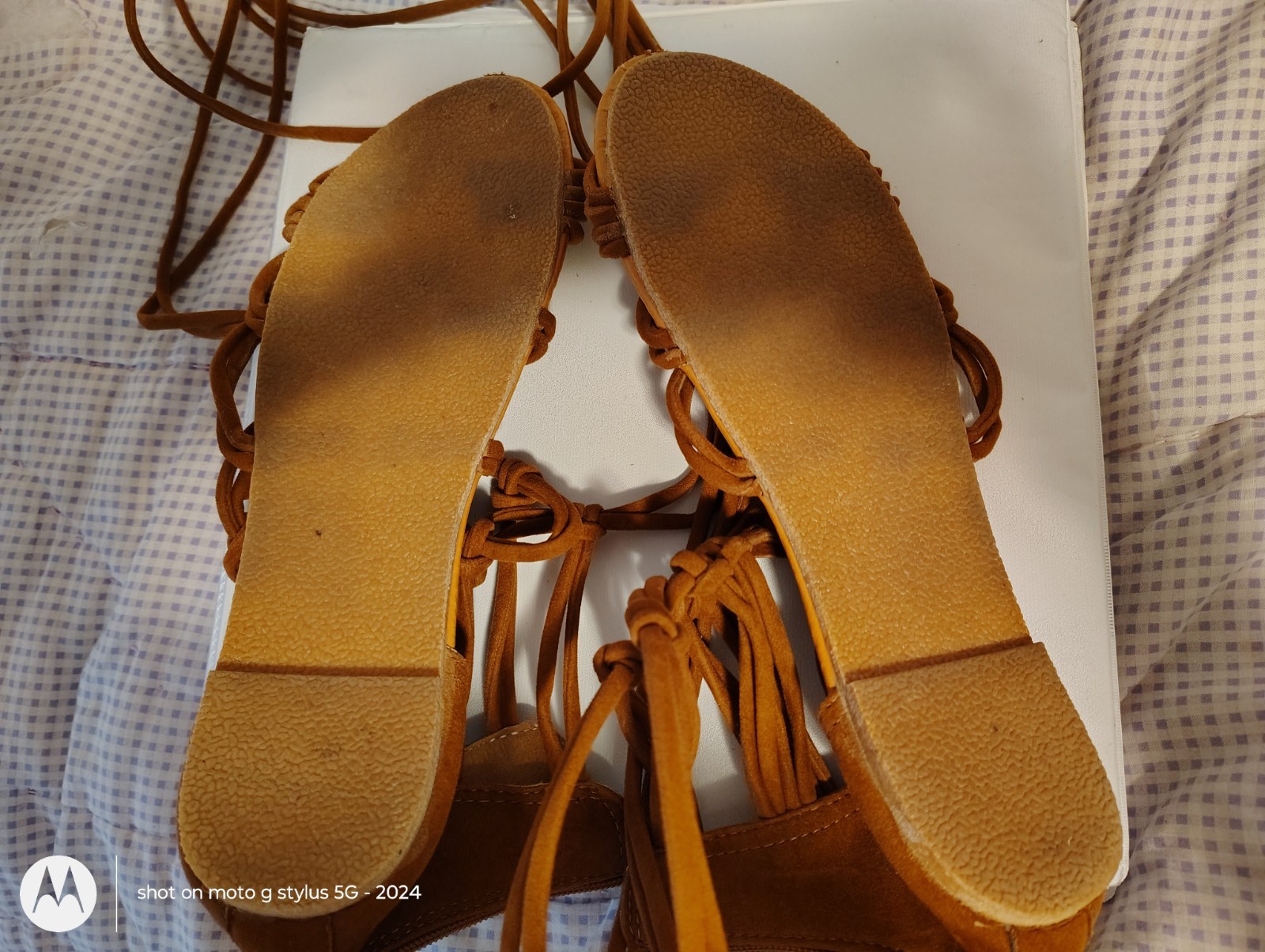 Women’s Brown Strappy Ankle Strap Tie Flat Sandals Knotted Faux Suede 10