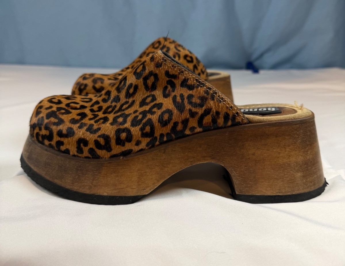 Womens 9 Bongo Leopard Platform Clog Mules Wood Slip On Shoes Y2K Vintage Rare