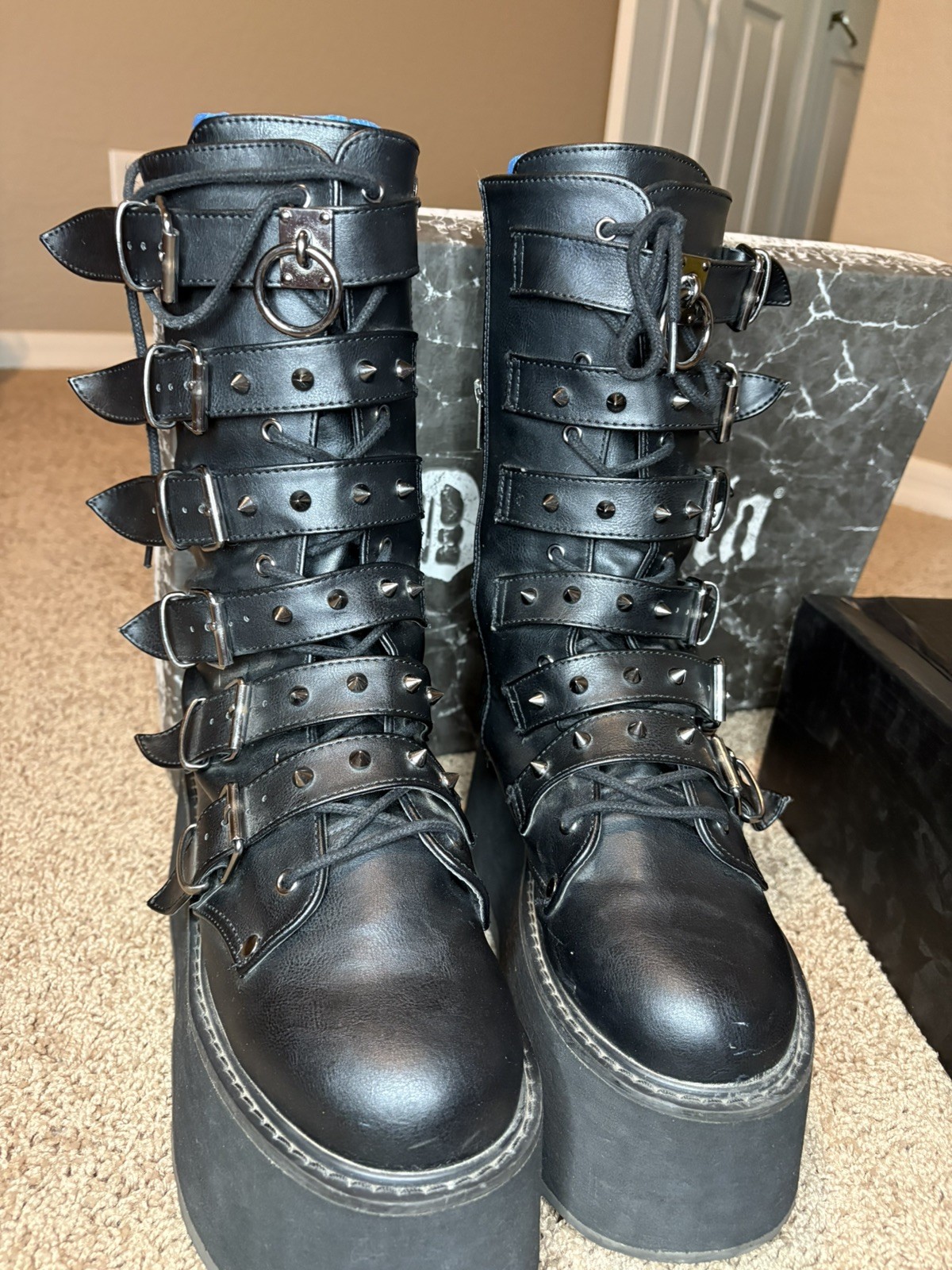 Pleaser Demonia Damned-225 BVL 3.5in Platform Mid-Calf Boot 6 Buckle Sz 12women