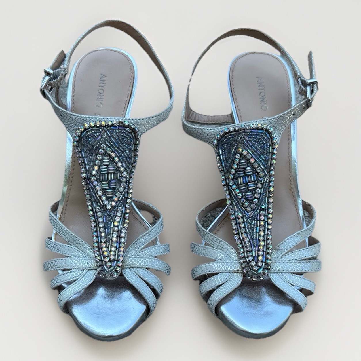 Antonio Melani Silver Embellished T Strap Stiletto Heels Size 7.5