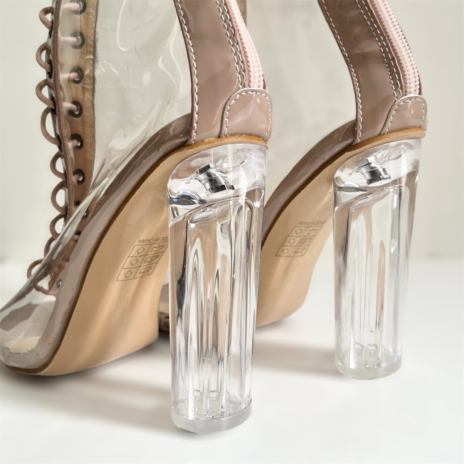 Nude Clear Lucite Chunky Block Heel Peep Toe Gladiator Chic Edgy Ankle Boots 8
