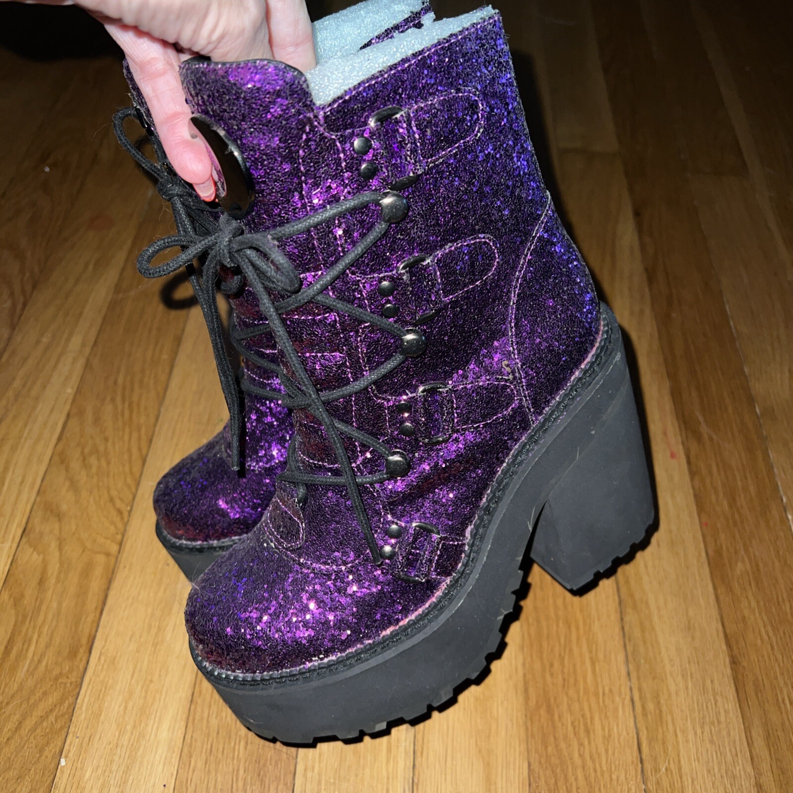 Killstar Platform Boots Heels Size 5 Glitter Purple Cosplay Goth Halloween NWOB