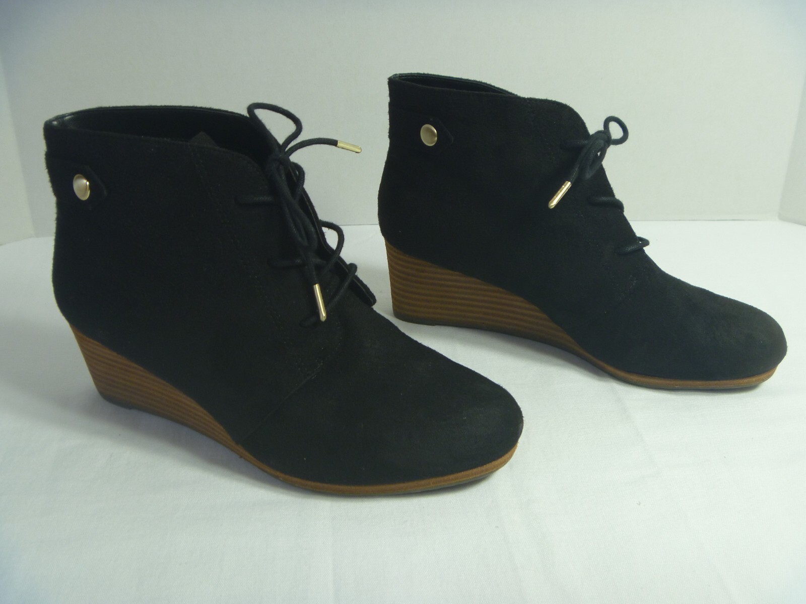 Dr Scholls Ankle Bootie Women Size 7 Black Faux Suede Lace Up Wedge Shoes