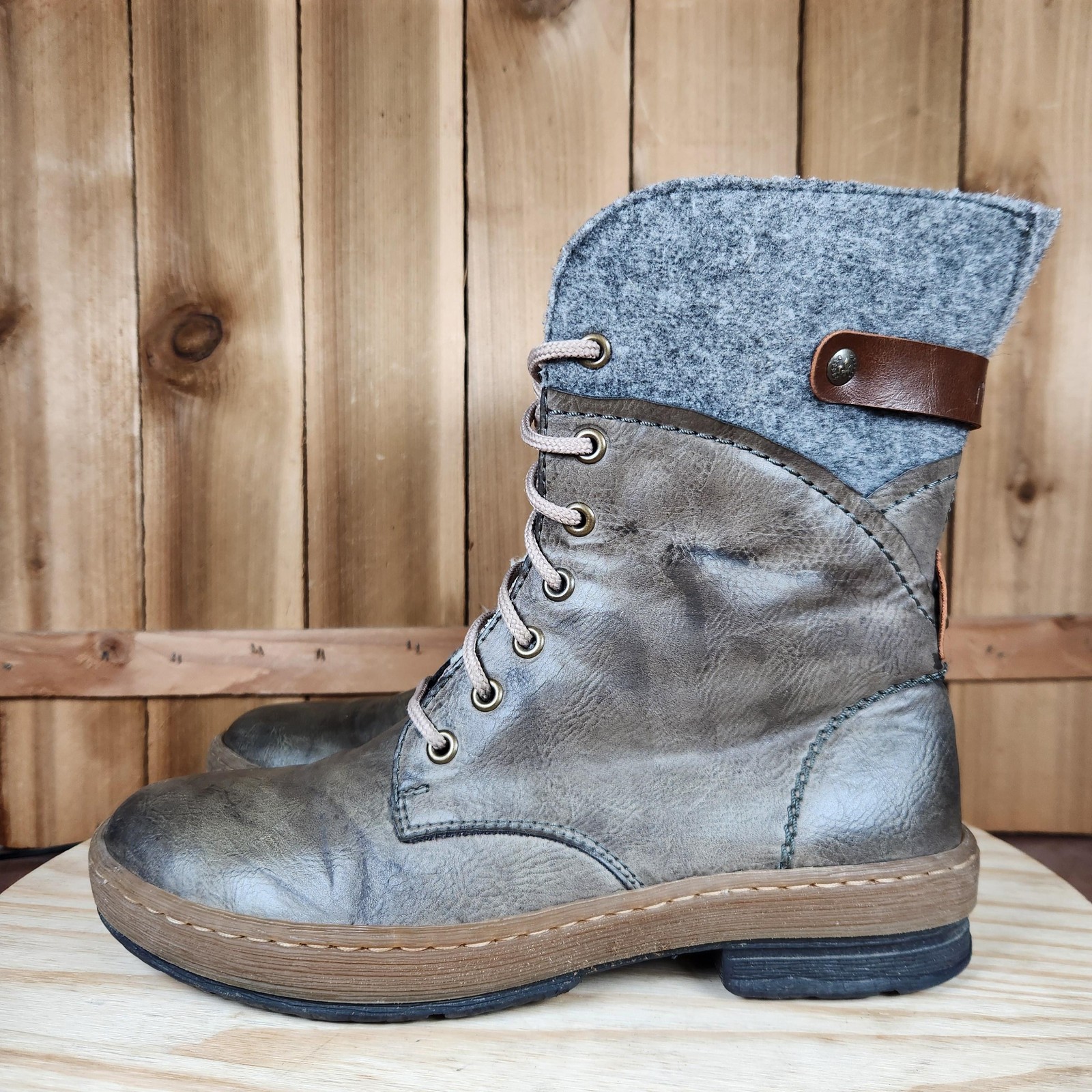 Rieker Felicitas Boots Womens 8.5 39 Gray Mid Calf Lace Up Side Zip Winter