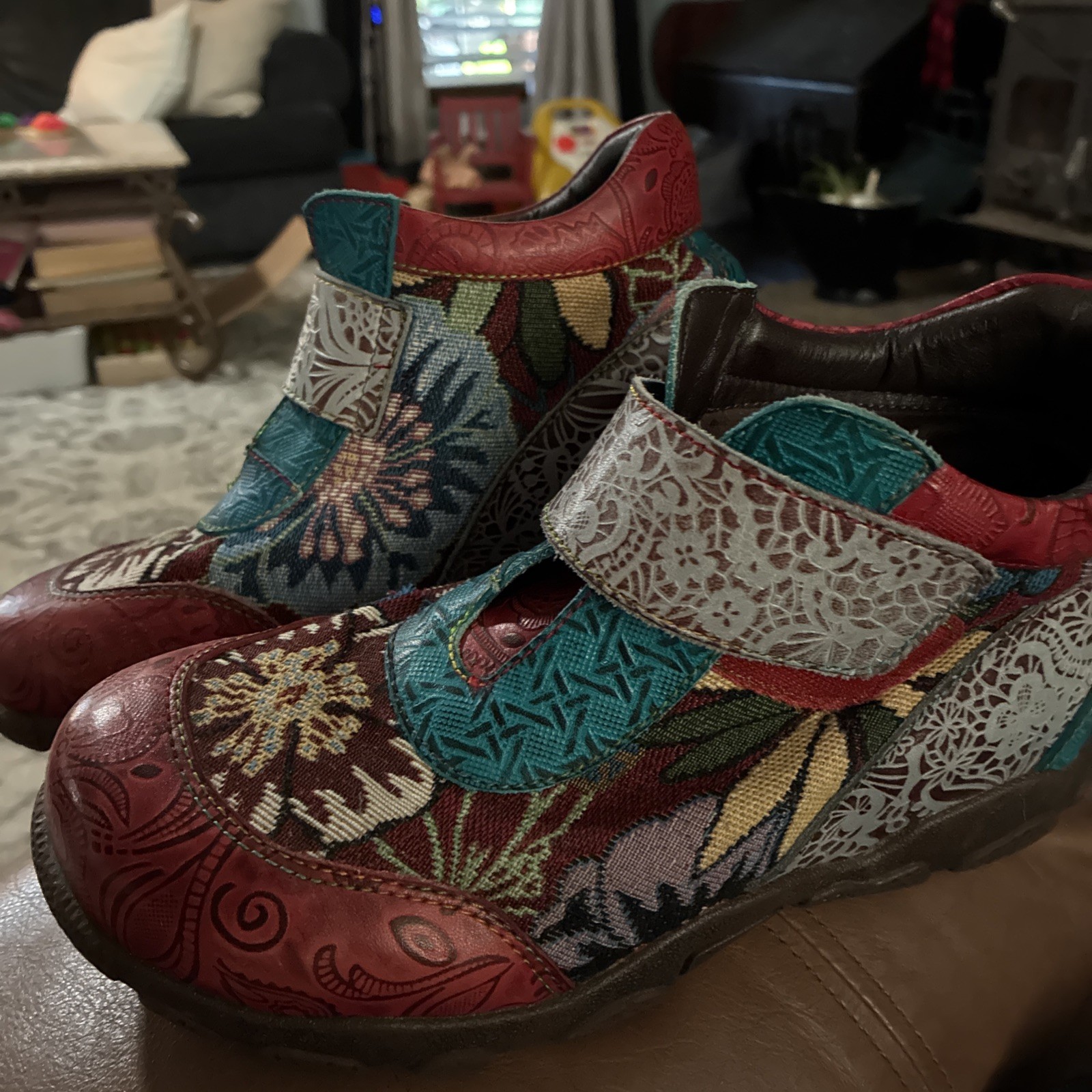 Socofy Red/Teal/Textile Leather Ankle Boots Women’s 39 US SZ 8.5