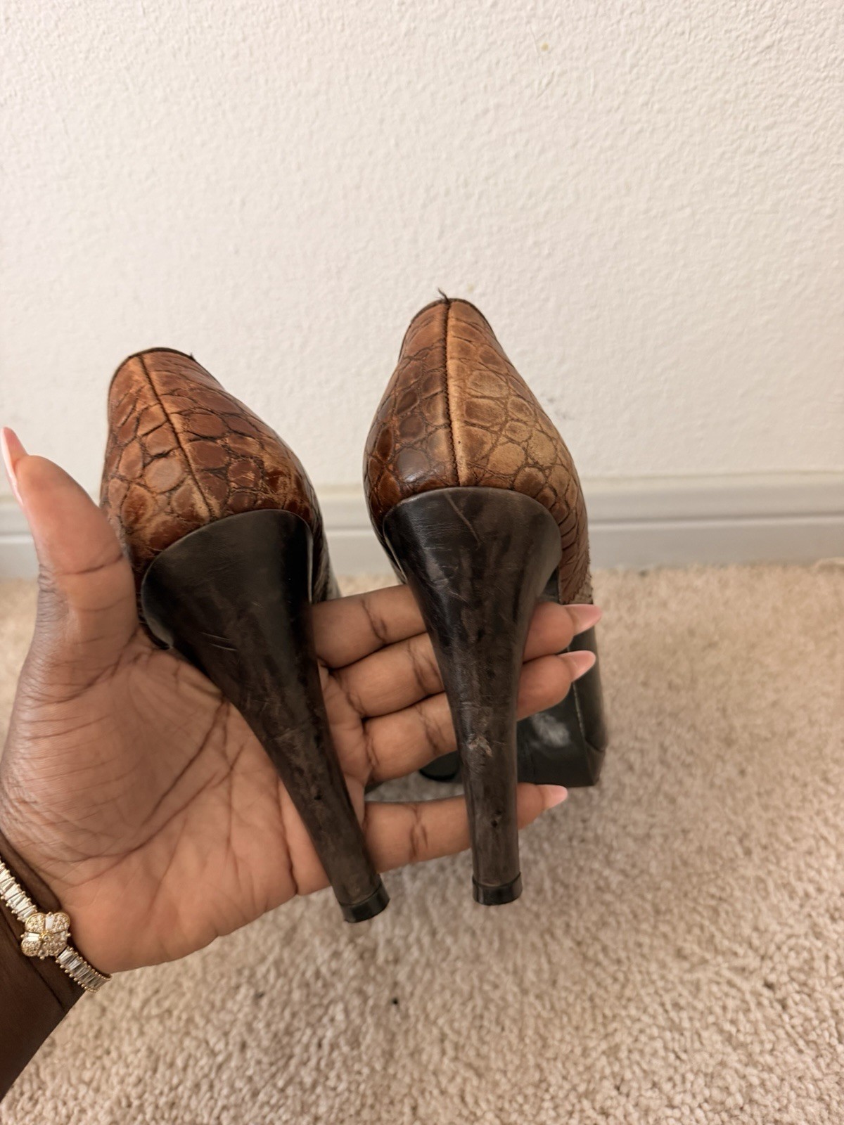 Out of style vintage snakeskin patchwork designer heels MSRP $495 size 10W