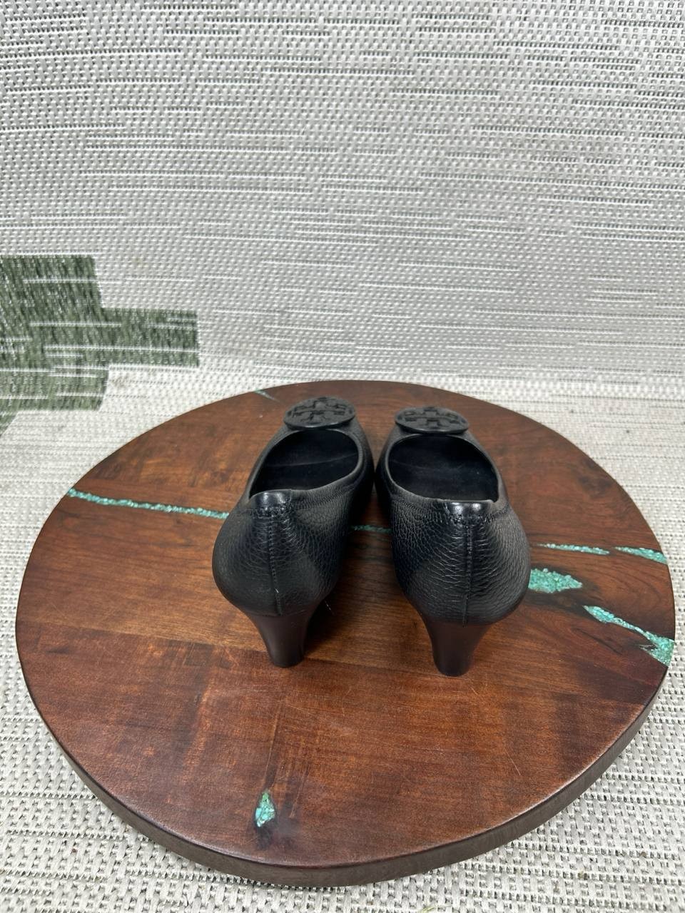 Tory Burch Heels Womens Size 7 M Sally Wedge Pump Black Leather Peep Toe Slip On