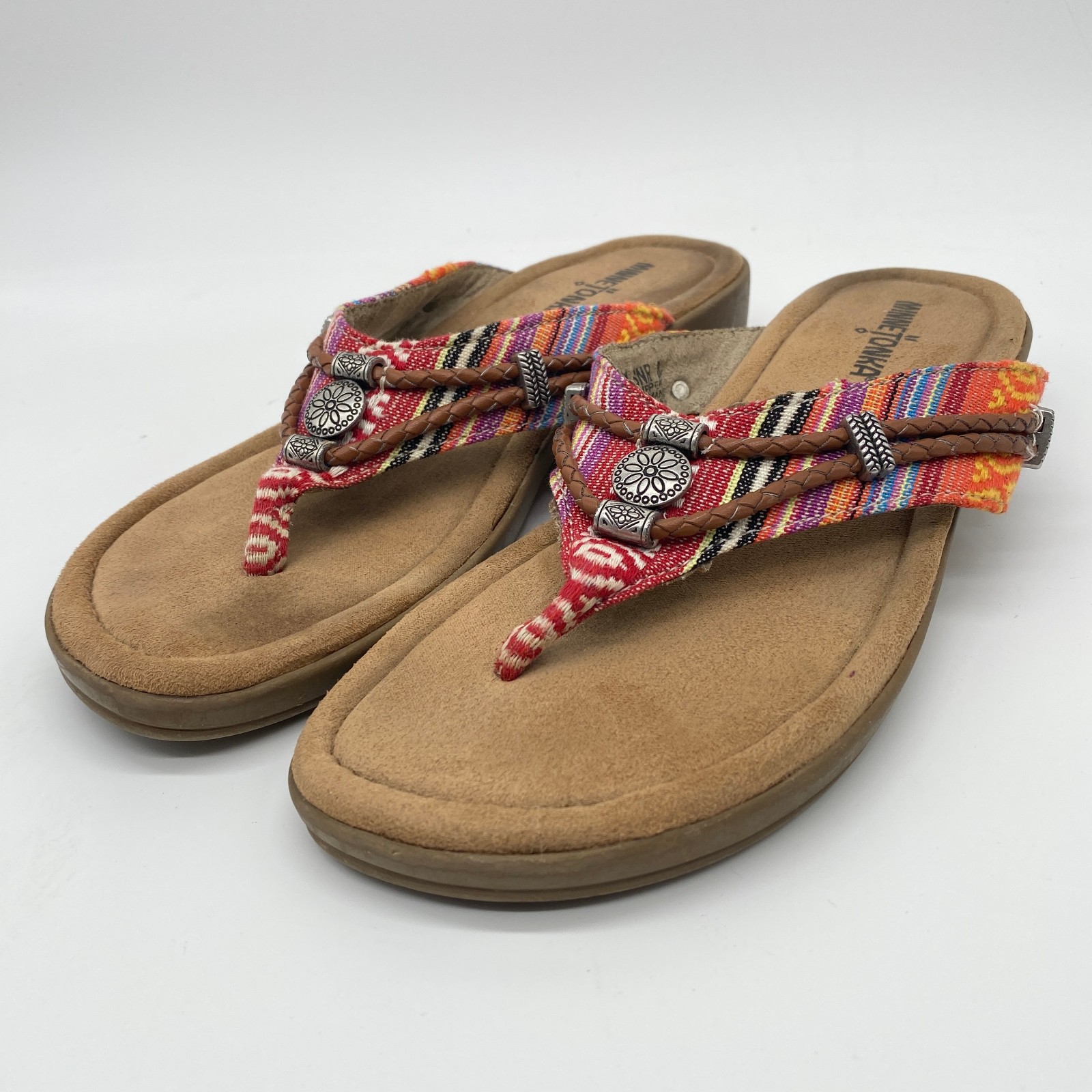 Minnetonka Raz Flip Flop Women’s Size 8 Slip-On Fabric Red Multicolor Sandals