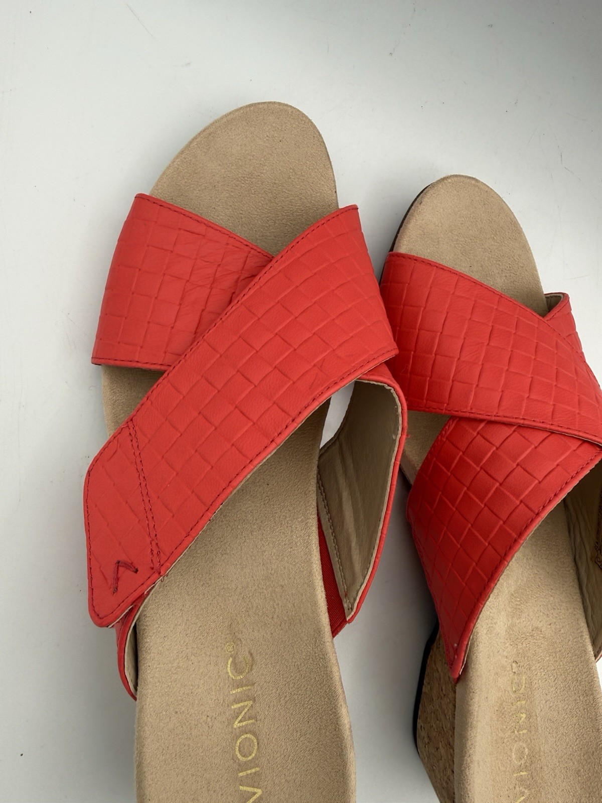 Vionic Leticia Pink Leather Basket Weave Cork Wedge Sandals Women 11 Adjustable