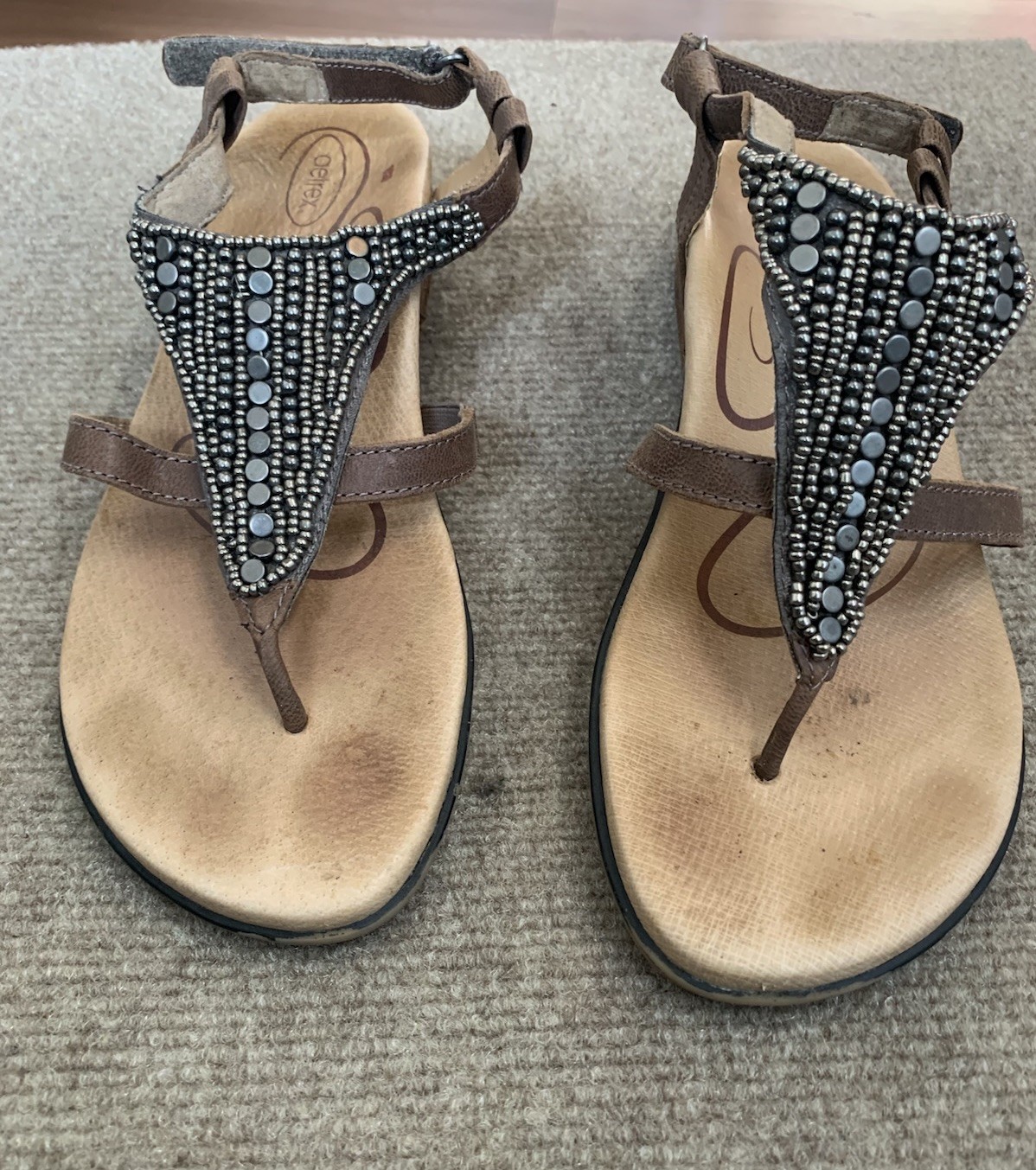 Aetrex Women’s Strappy Sandals Brown/Gray Leather Ankle Strap Size 8.5/ 39