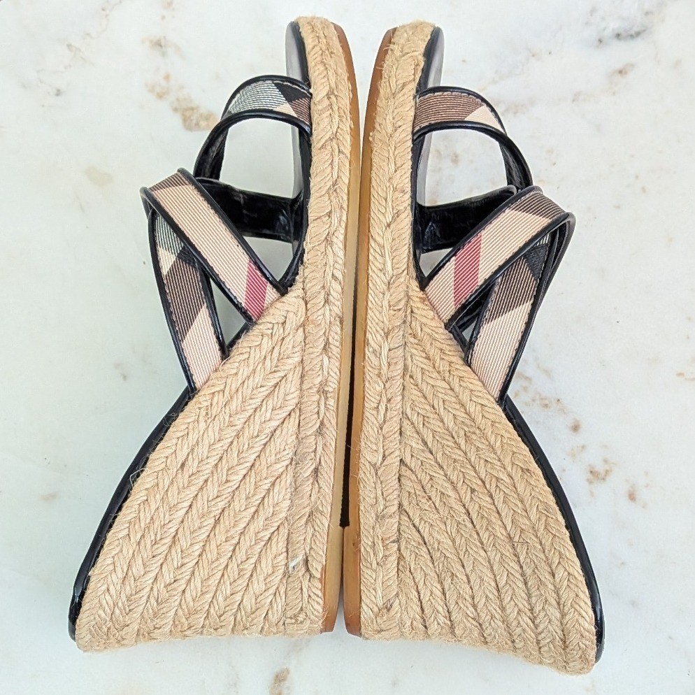 Burberry Nova Check Espadrille Wedge Sandals Black Patent Leather IT 37 3460643