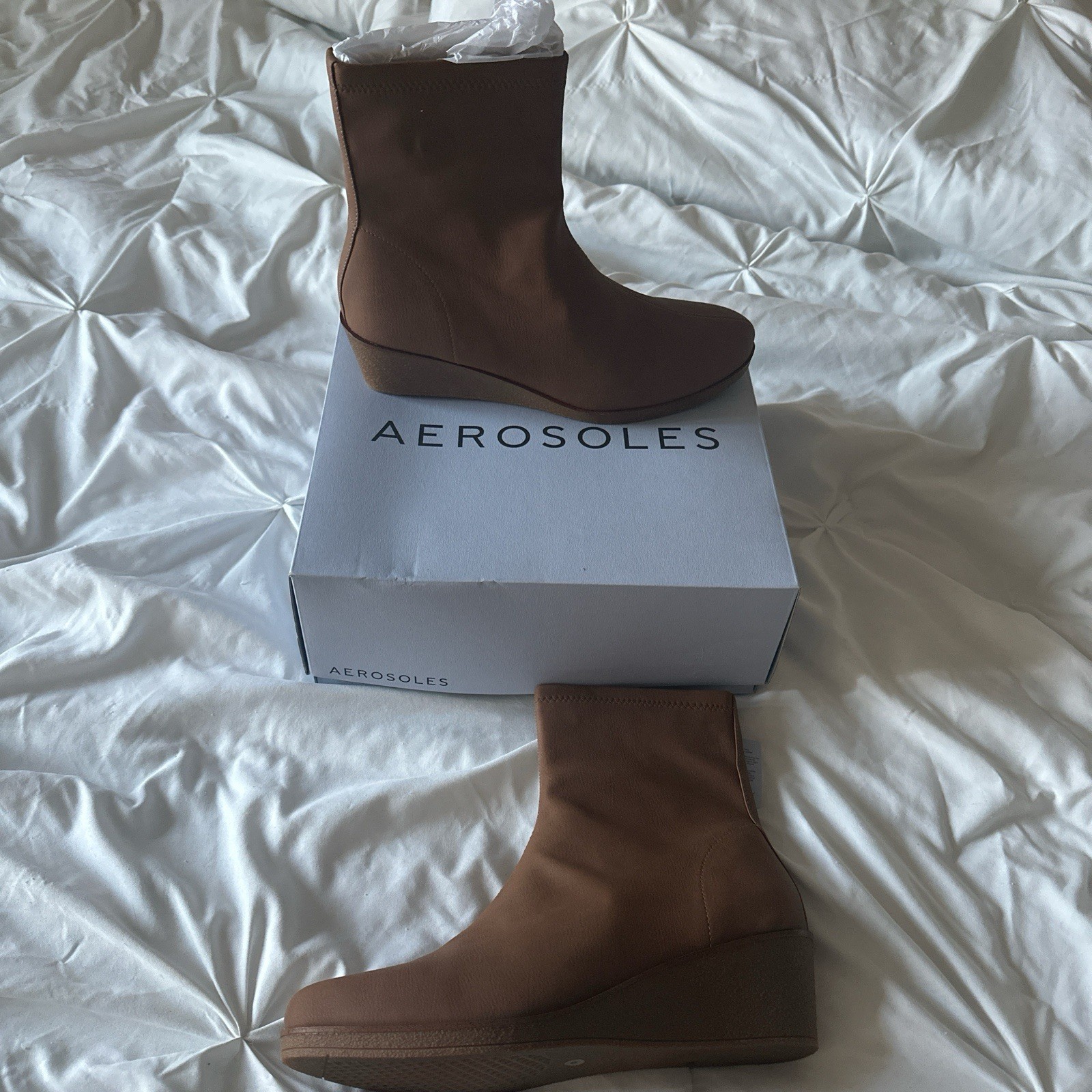 Aerosoles Binnie Women’s Brown Faux Leather Ankle Bootie Round Toe Wedge Zip