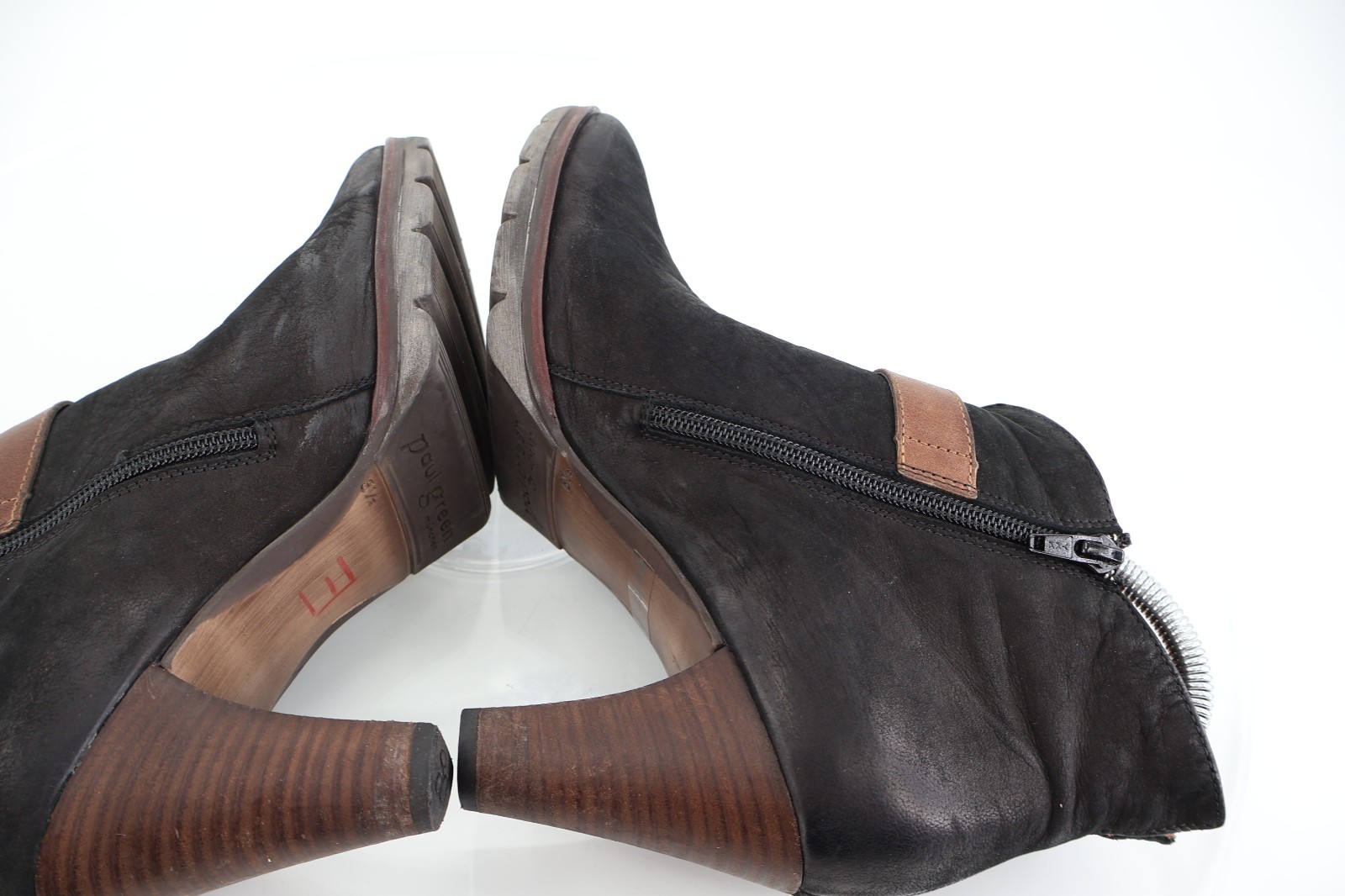Paul Green Women’s Boot Size 9 Block Heel Black Nubuck Bootie Brown Strap