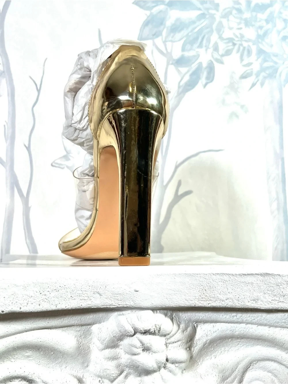 Gold High Heel Sandals with Clear Straps and Snake Wrap Ankle