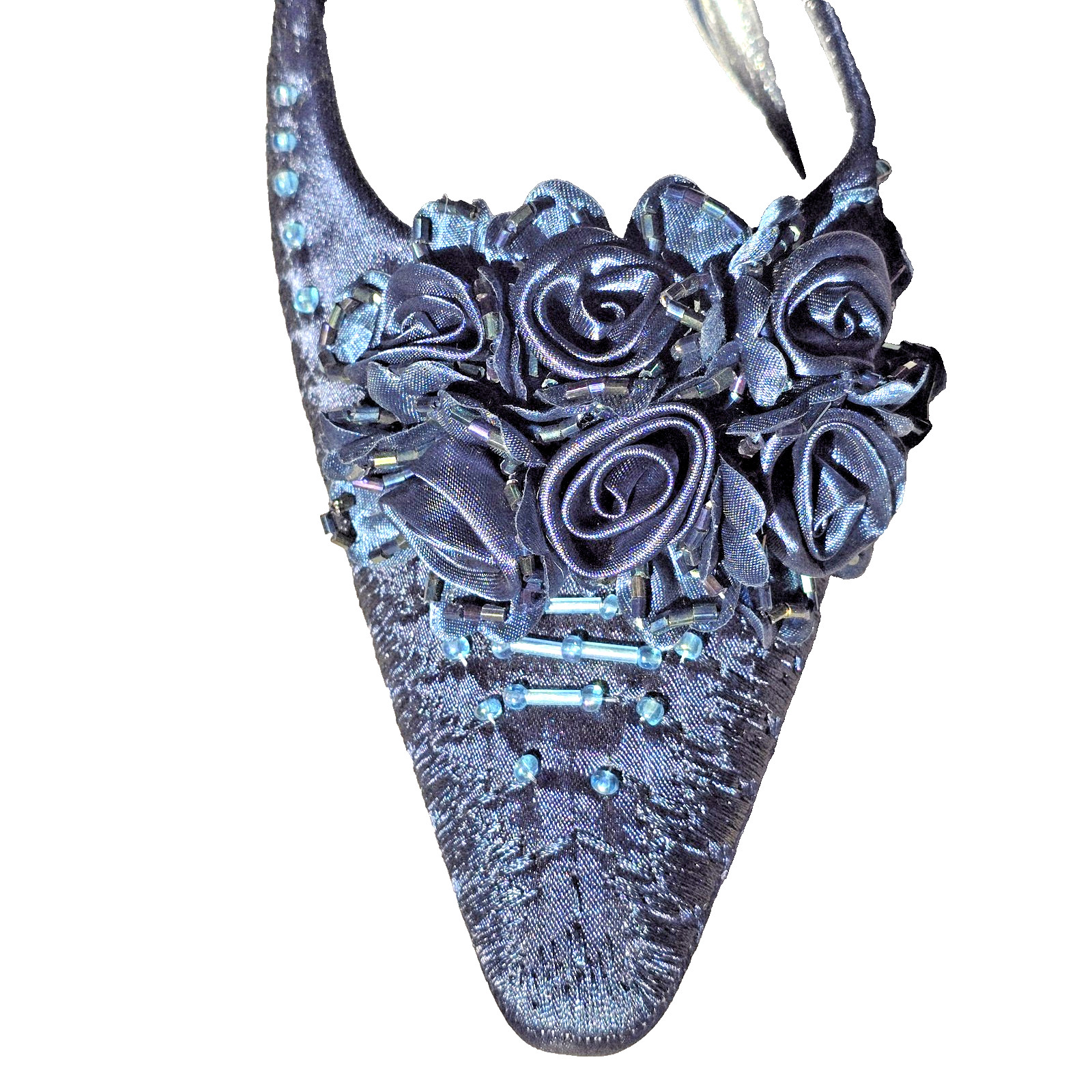 John Fashion A2009-C Teal Satin Slingback Stiletto Heels Size 8 Beaded Roses