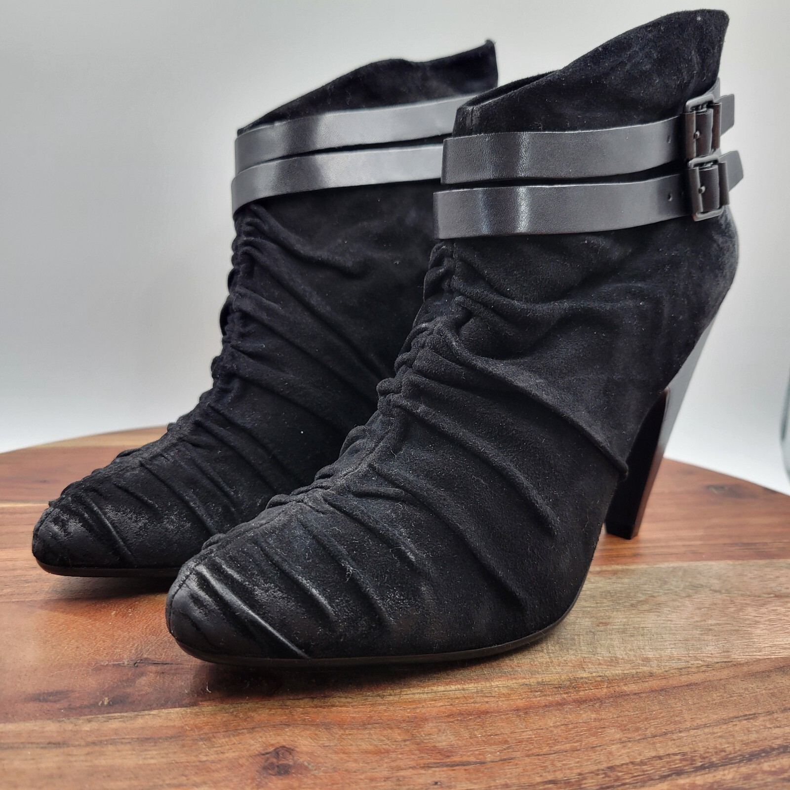 ASH Ankle Boots Womens 40 / 9.5 Black Suede Buckle Strap Heel Pointed Zip Bootie