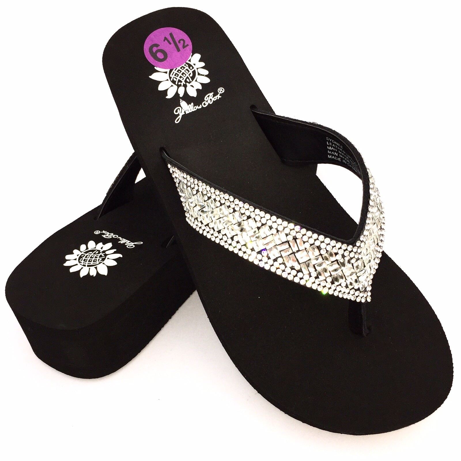 Yellow Box Flip Flops Sydnee Sparkle Clear Rhinestone Basketweave Wedge Sandals