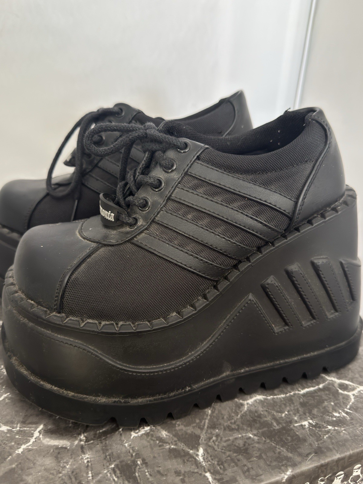 Demonia Stomp-08 Black Platform Shoes 90s Rave Cyber Goth Sneakers Size 6