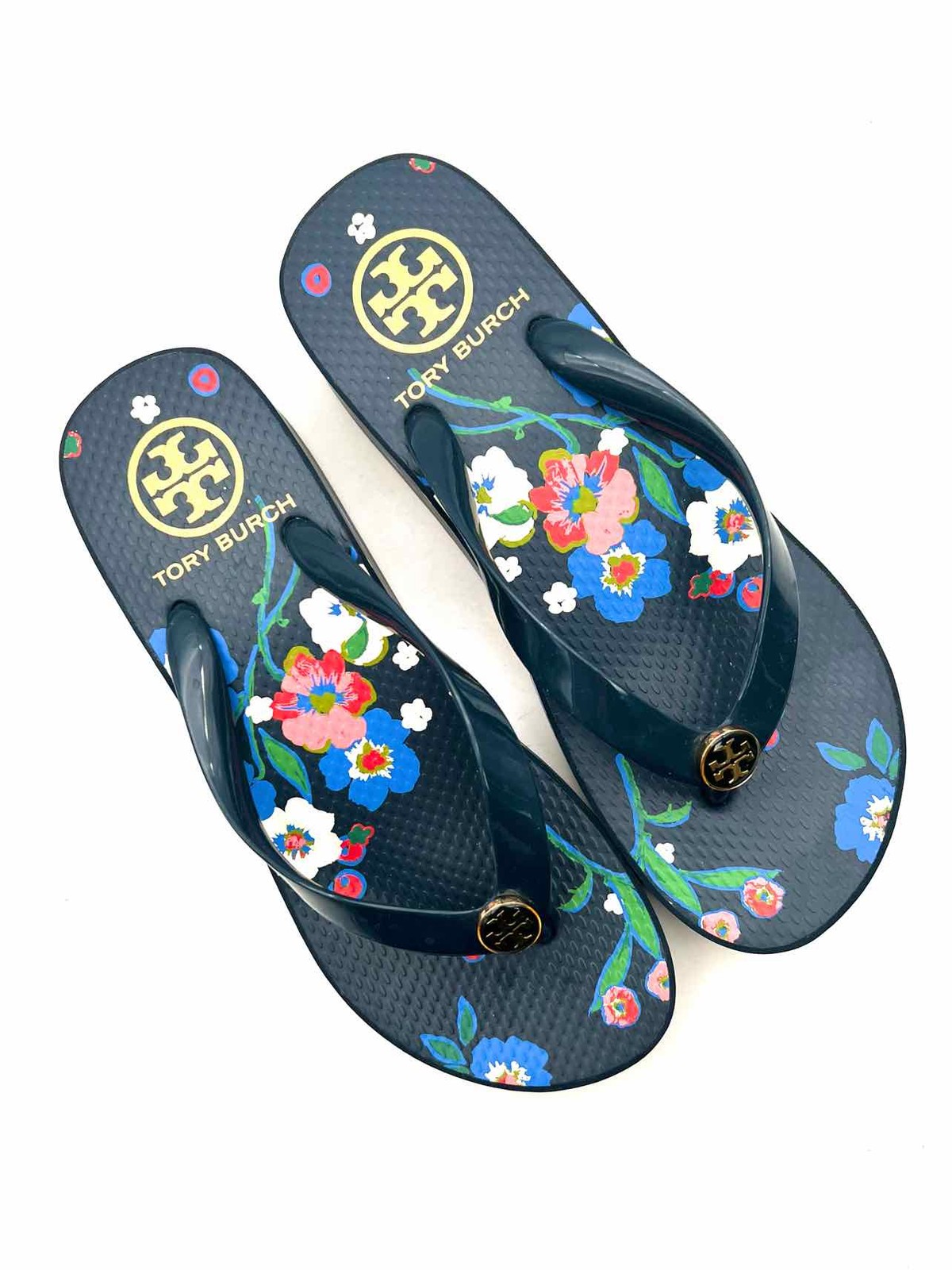 Tory Burch Size 7.5? Navy/Multi Floral Designer Wedge Sandal