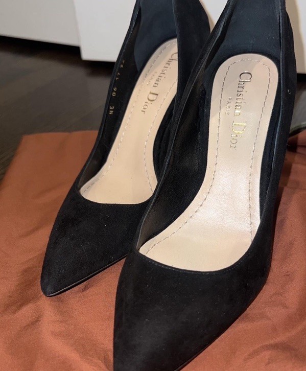Christian Dior Women’s Black Suede Pointed Toe Stiletto Pumps Red Heart
