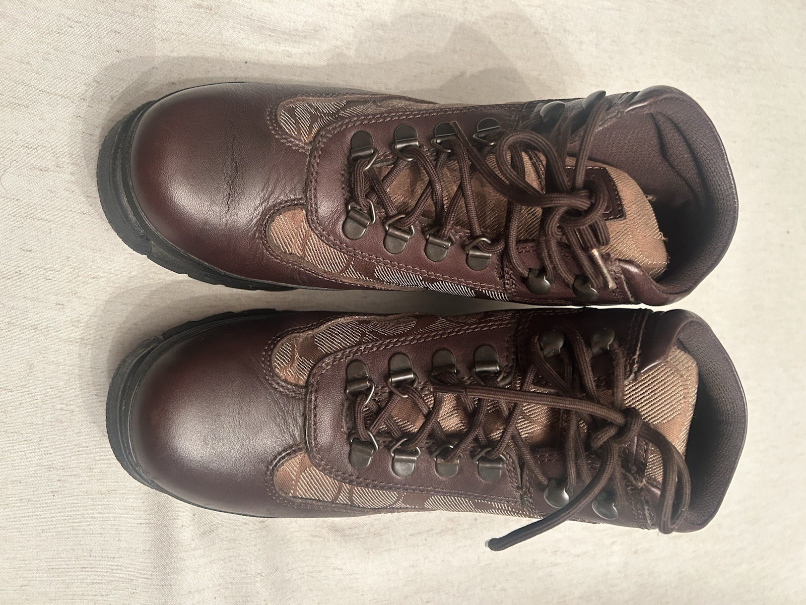 Coach Womens Hannah Brown Leather Signature Monogram Canvas Hiking Ankle Boots