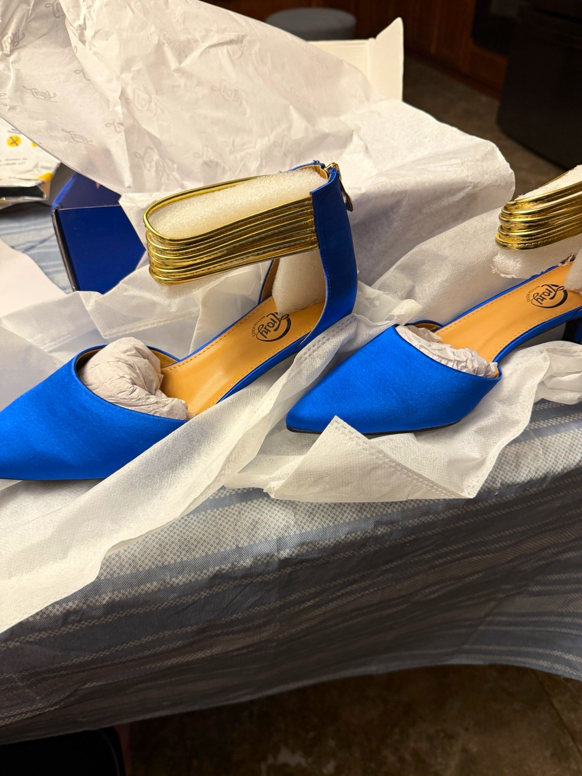 Fioni Women’s US 7 Blue/Gold Satin Strappy Pointed Toe Ankle Strap Zip Heels
