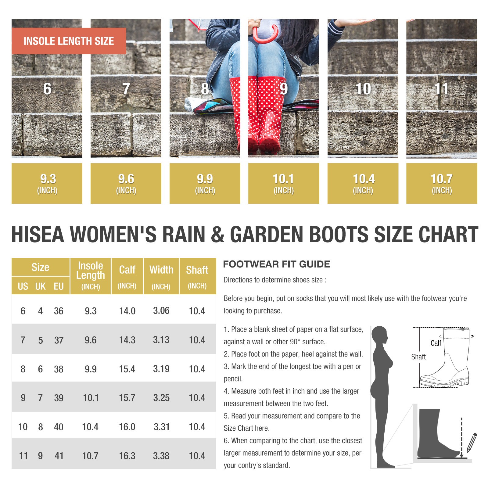 HISEA Women’s Printed Rain Boots Mid-Calf Waterproof Garden Boots Glossy Wellies