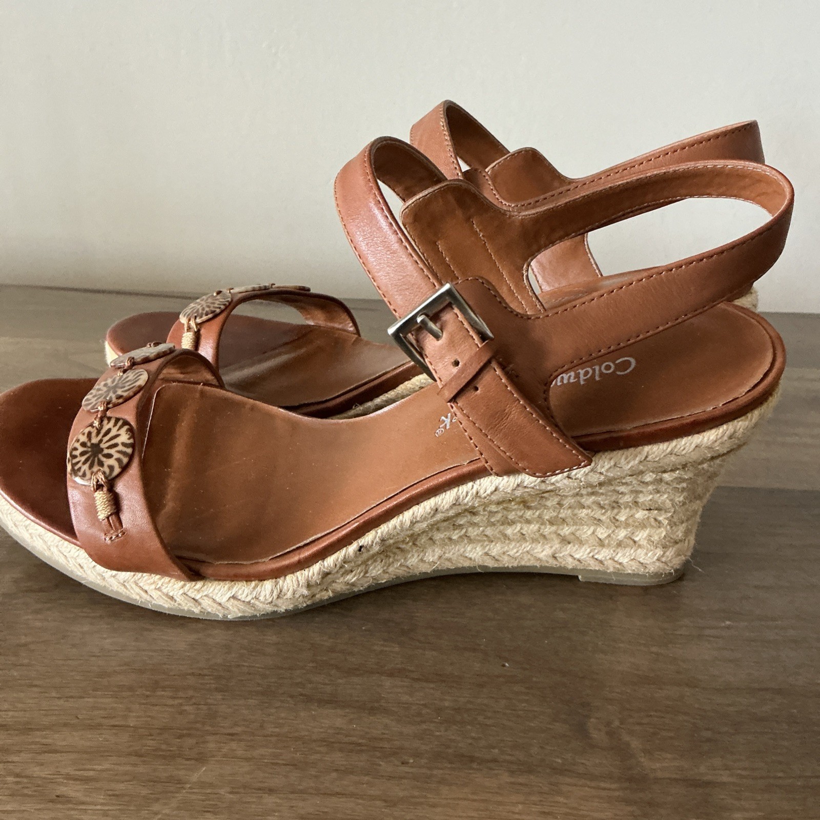 Coldwater Creek Wedge Espadrille Brown Leather Sandal Size 9