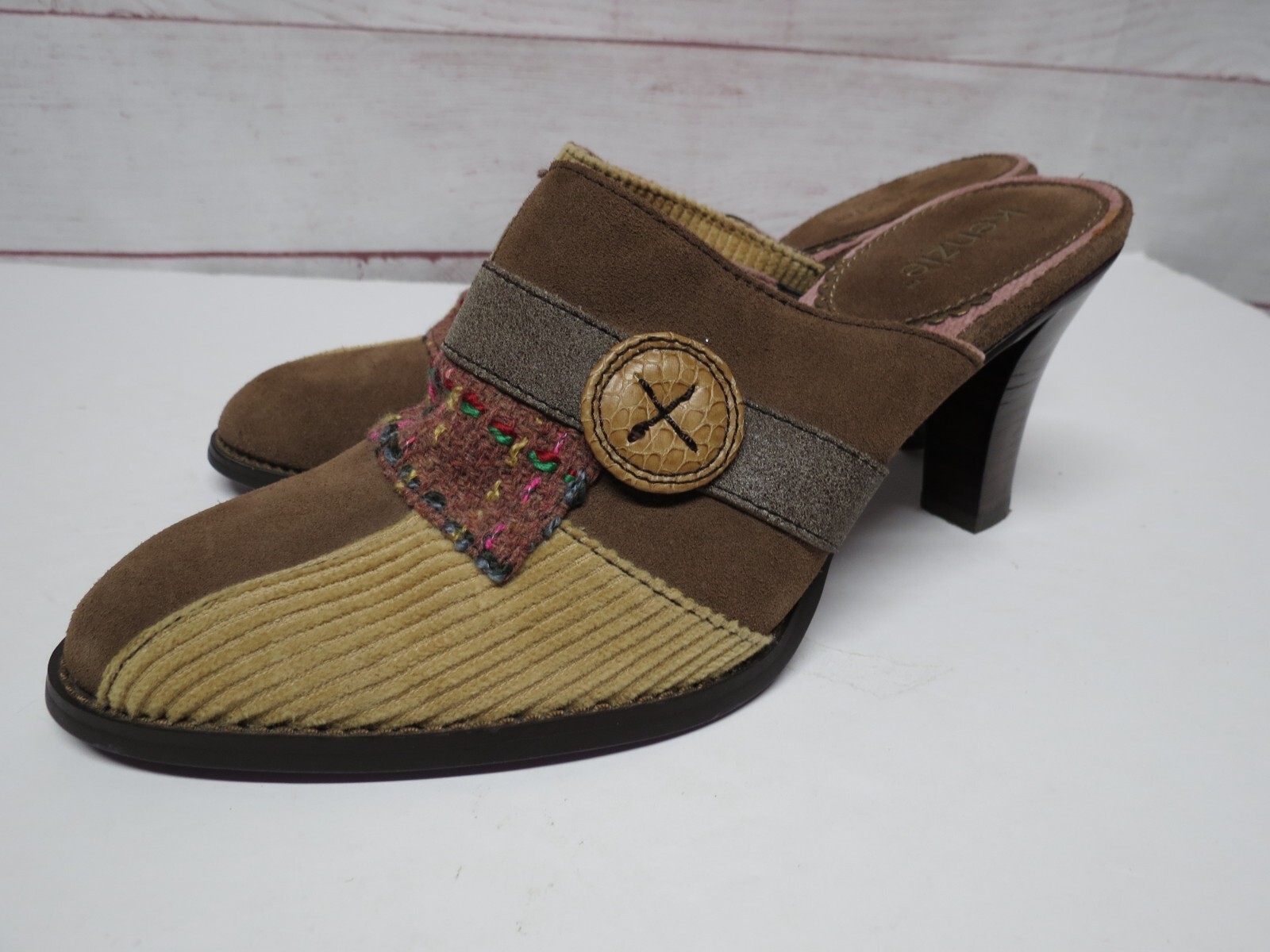 Kenzie «Touch» Leather & Fabric Mules Heels Size 9 Patchwork Quilt Look