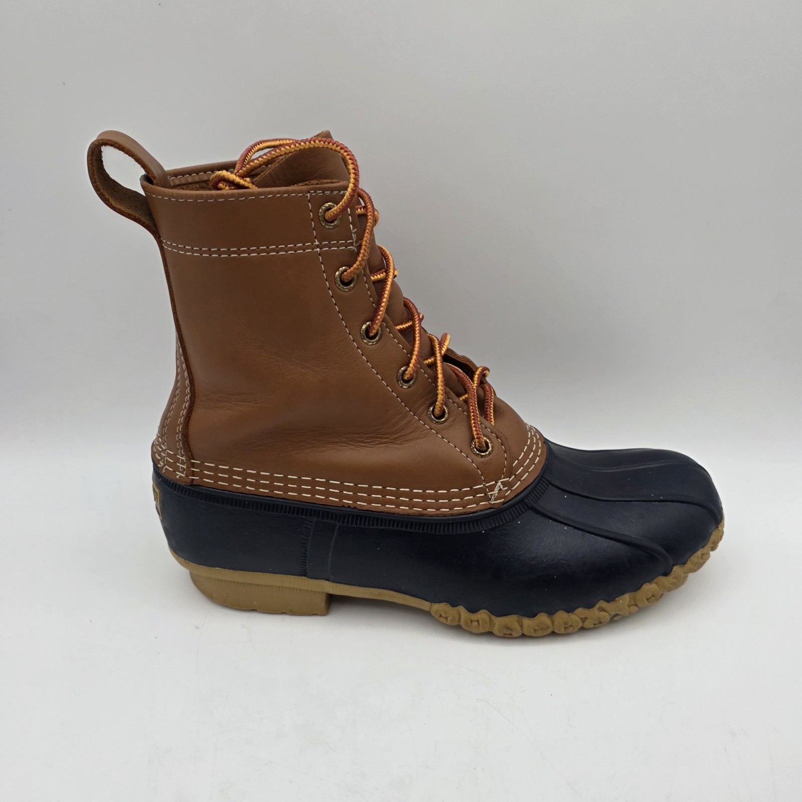 LL Bean Unisex Maine Bean Boot Shoe Leather Duck Boots Tan and Navy M – 7, W – 9