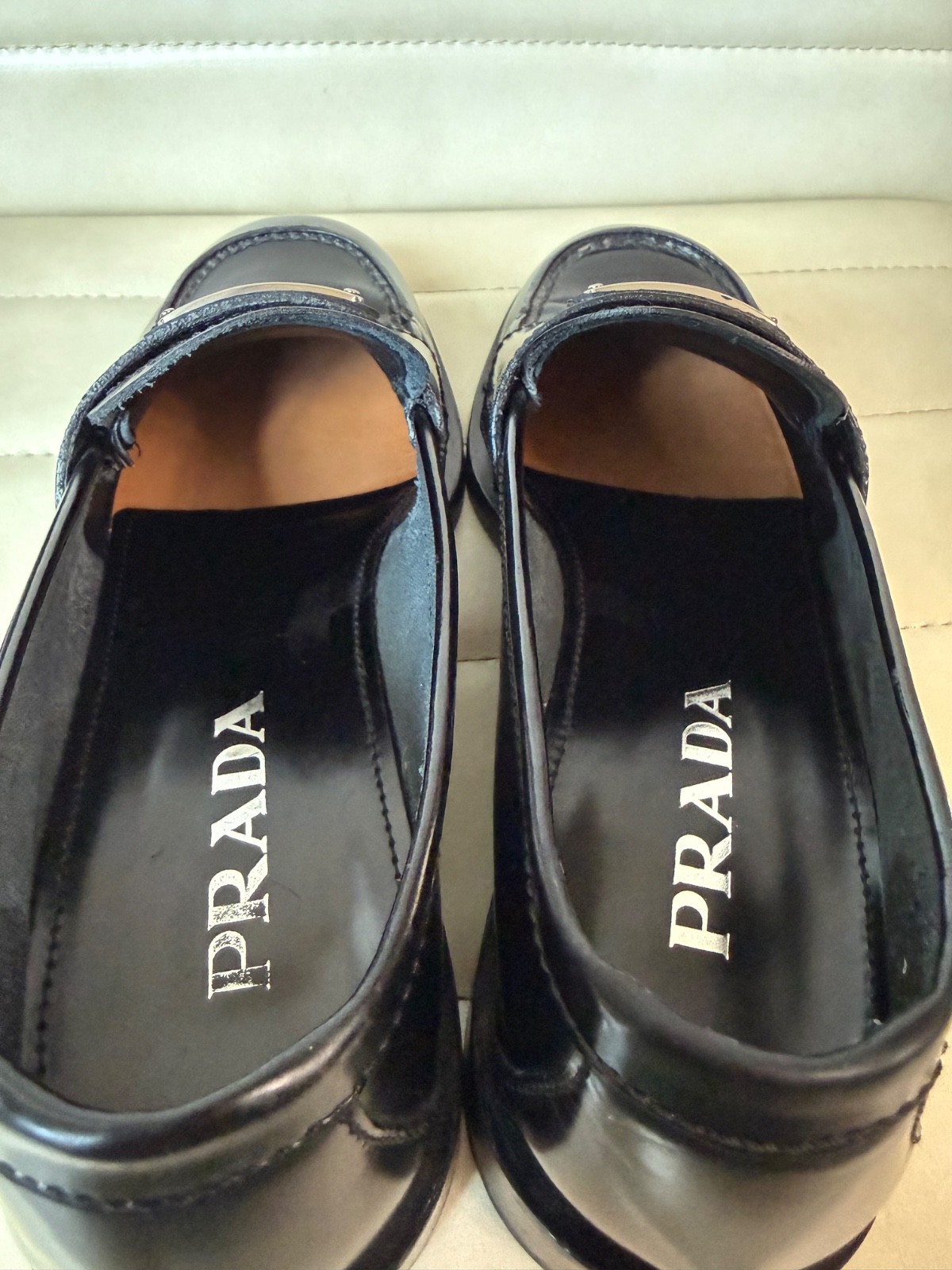 PRADA Womens Black Leather Metal Triangle Logo Loafers Shoes