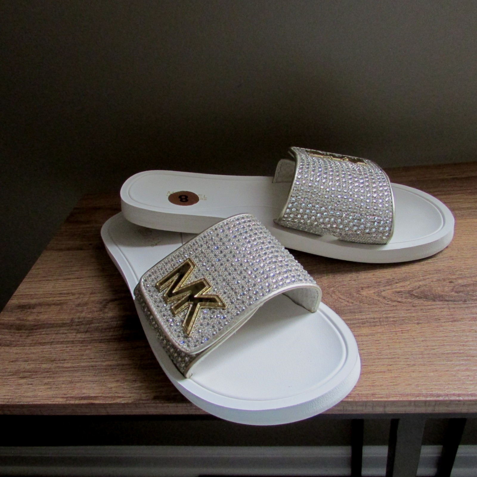 MICHAEL KORS GOLD SILVER WHITE CRYSTAL GLITTER MK LOGO DESIGNER SLIDE SANDALS-8
