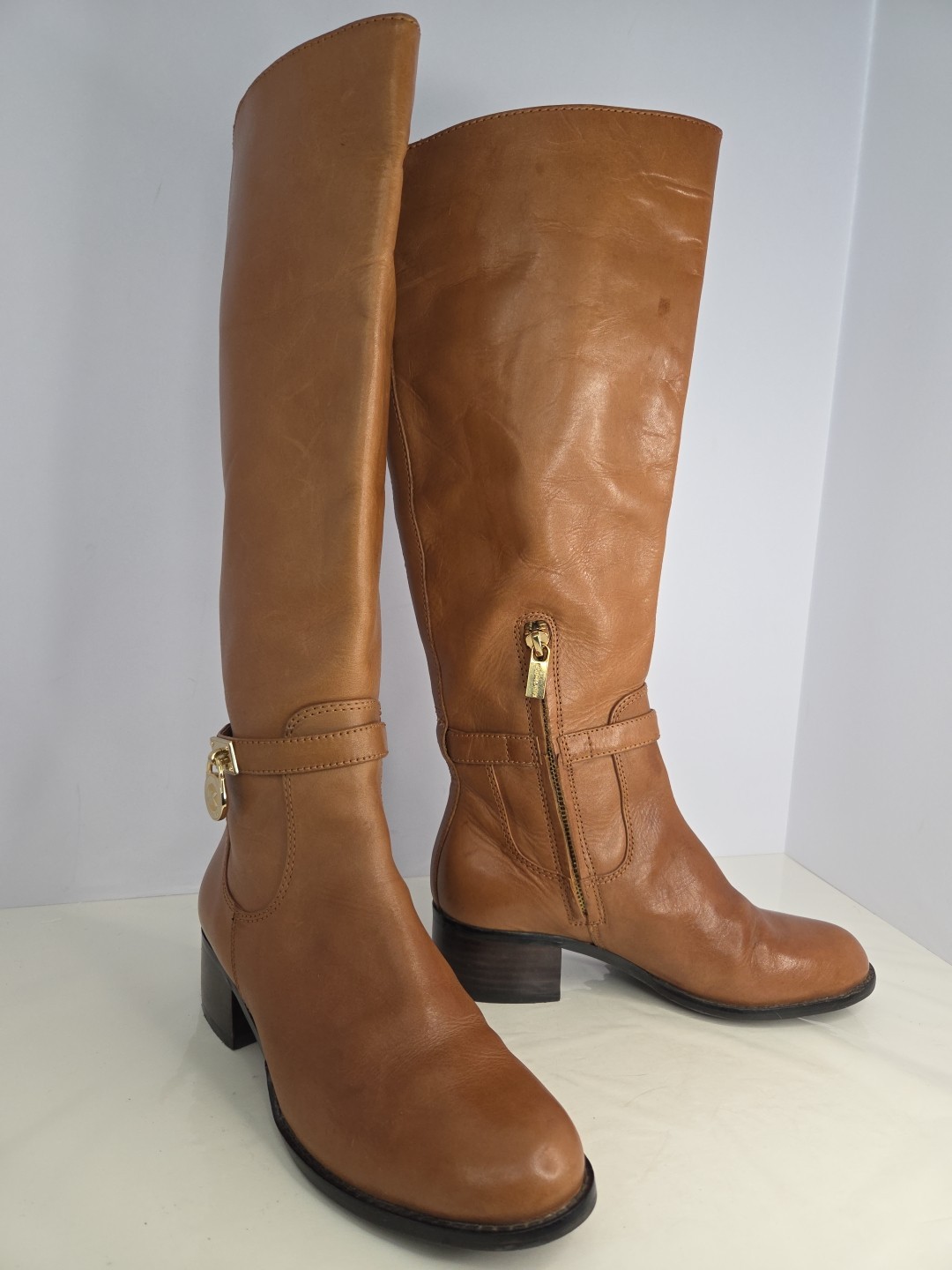 Michael Kors Hamilton Luggage Riding Boots Smooth Camel Colored Leather Sz 5.5 M
