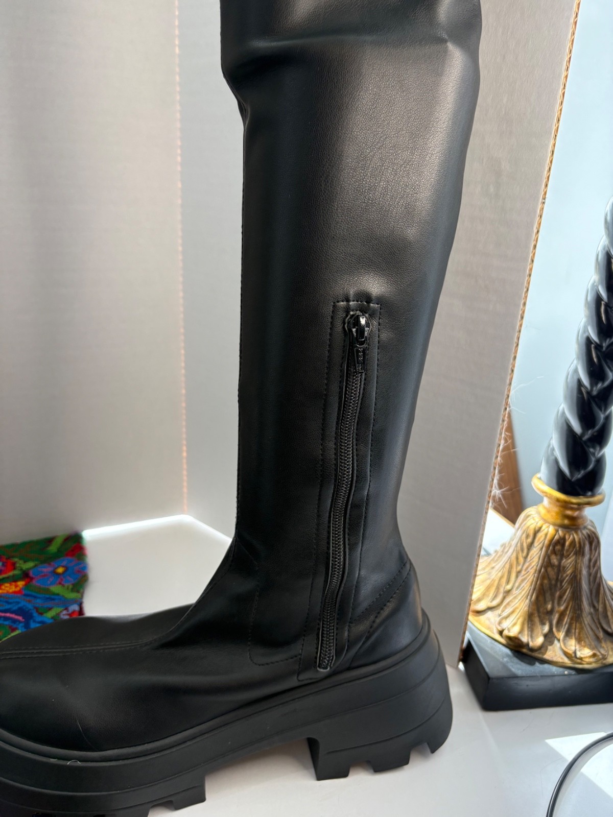ASOS Design Italy «KAYA» Black PU Dominatrix Chunky Platform Thigh Boots 8M EUC