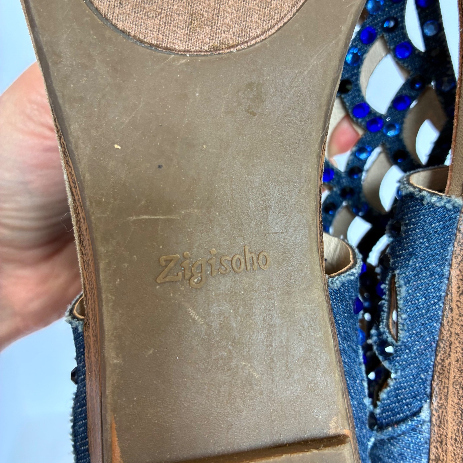 Zigi Soho Blue Denim Rhinestone Sandal Caged Gladiator Thong Boho Festival Y2K