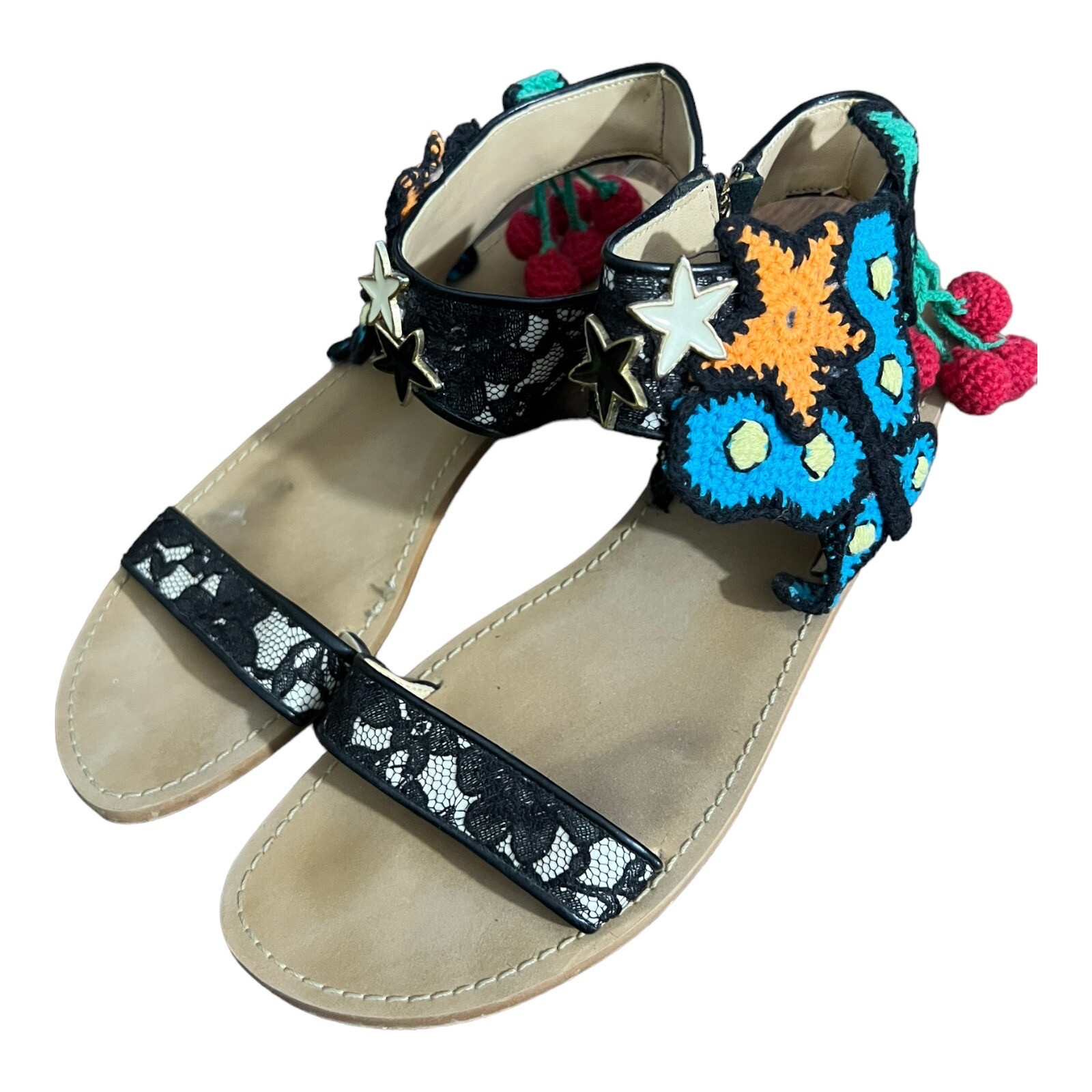 2WINS Boho Leather Flat Sandals 7 Crochet Star Butterfly Charms Festival Lace