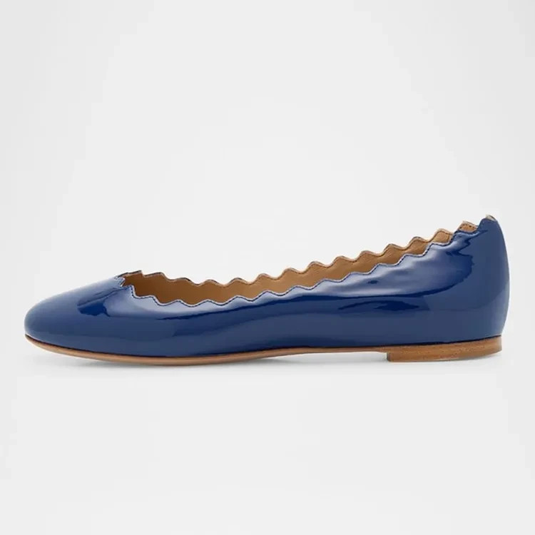 FSJ Simple Navy Patent Leather Round Toe Scalloped Ballet Flats FSJ202502052